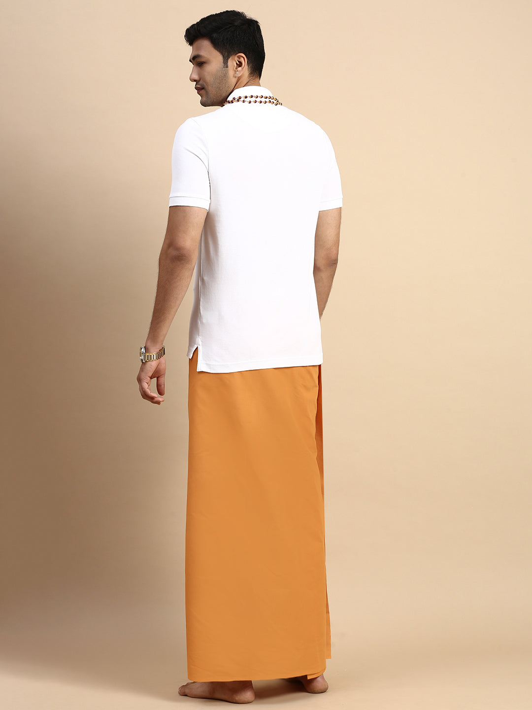 Men Devotional Small Border Dhoti & TShirt Set Kaavi EP1
