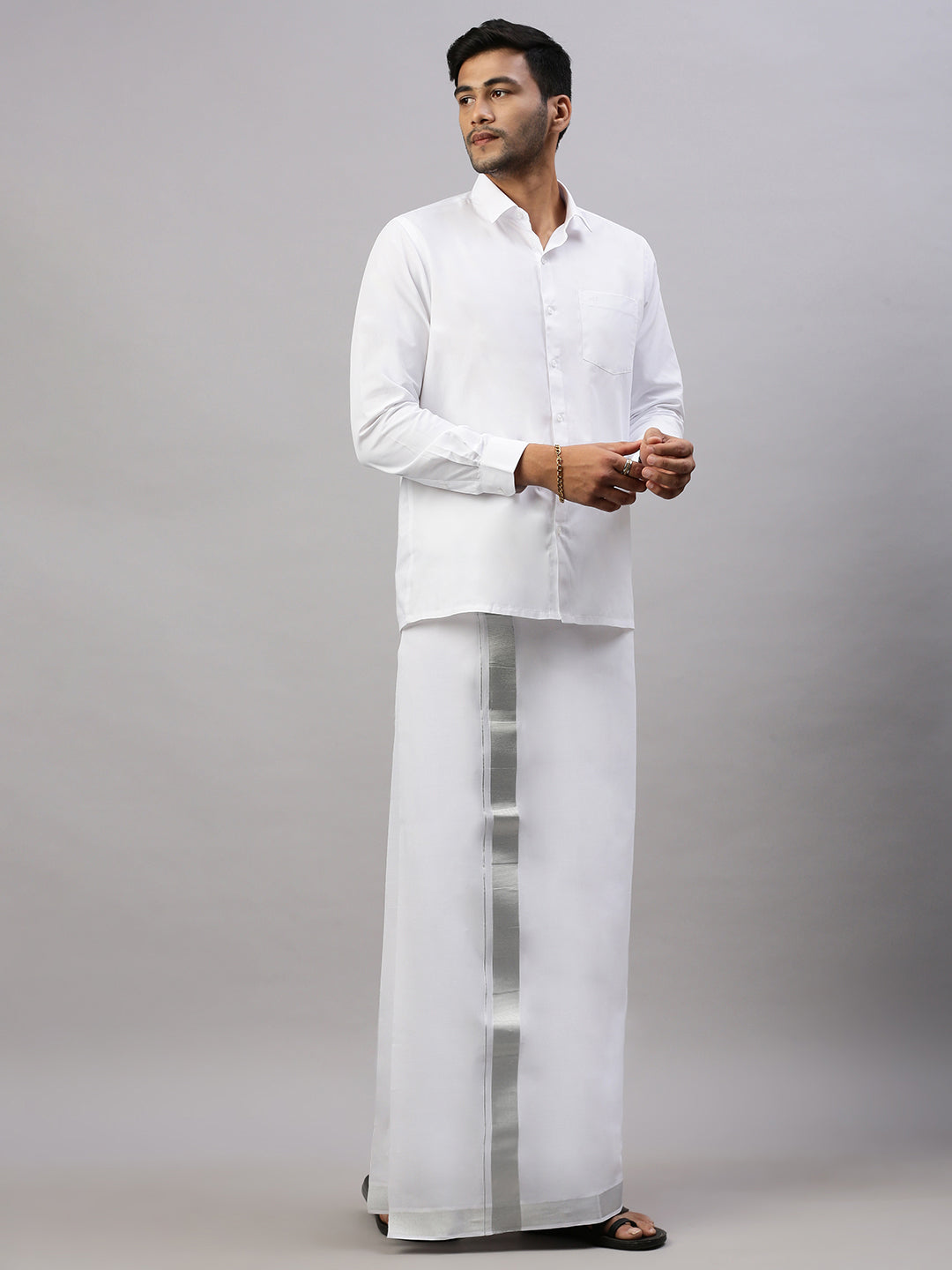 Men 100% Cotton Double Layer White Dhoti with 1 1/2"Silver Jari Border Special Pet