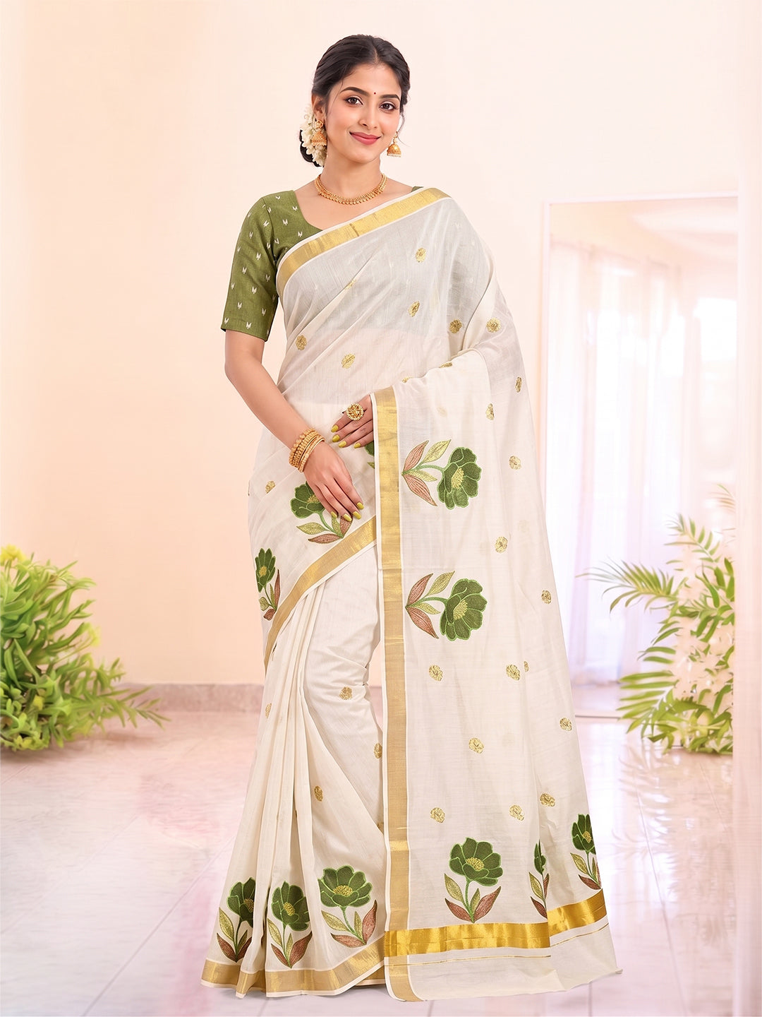 Women Kerala Embroidered Cream Saree KLS02
