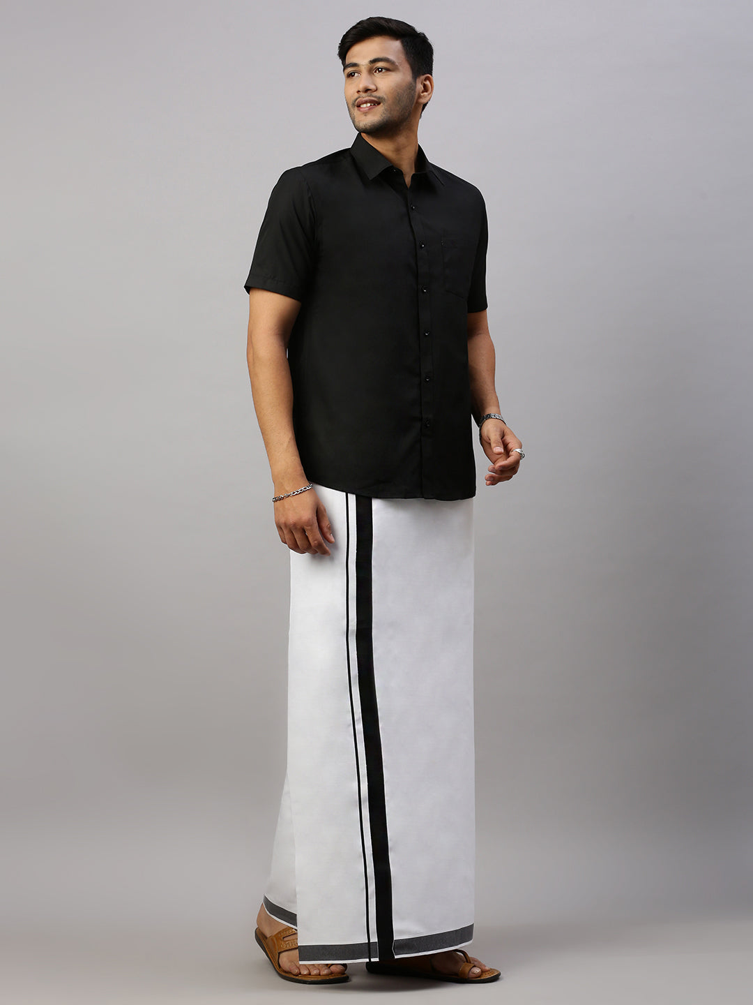 Men 100% Cotton Double Layer White Dhoti with Big Border AS06
