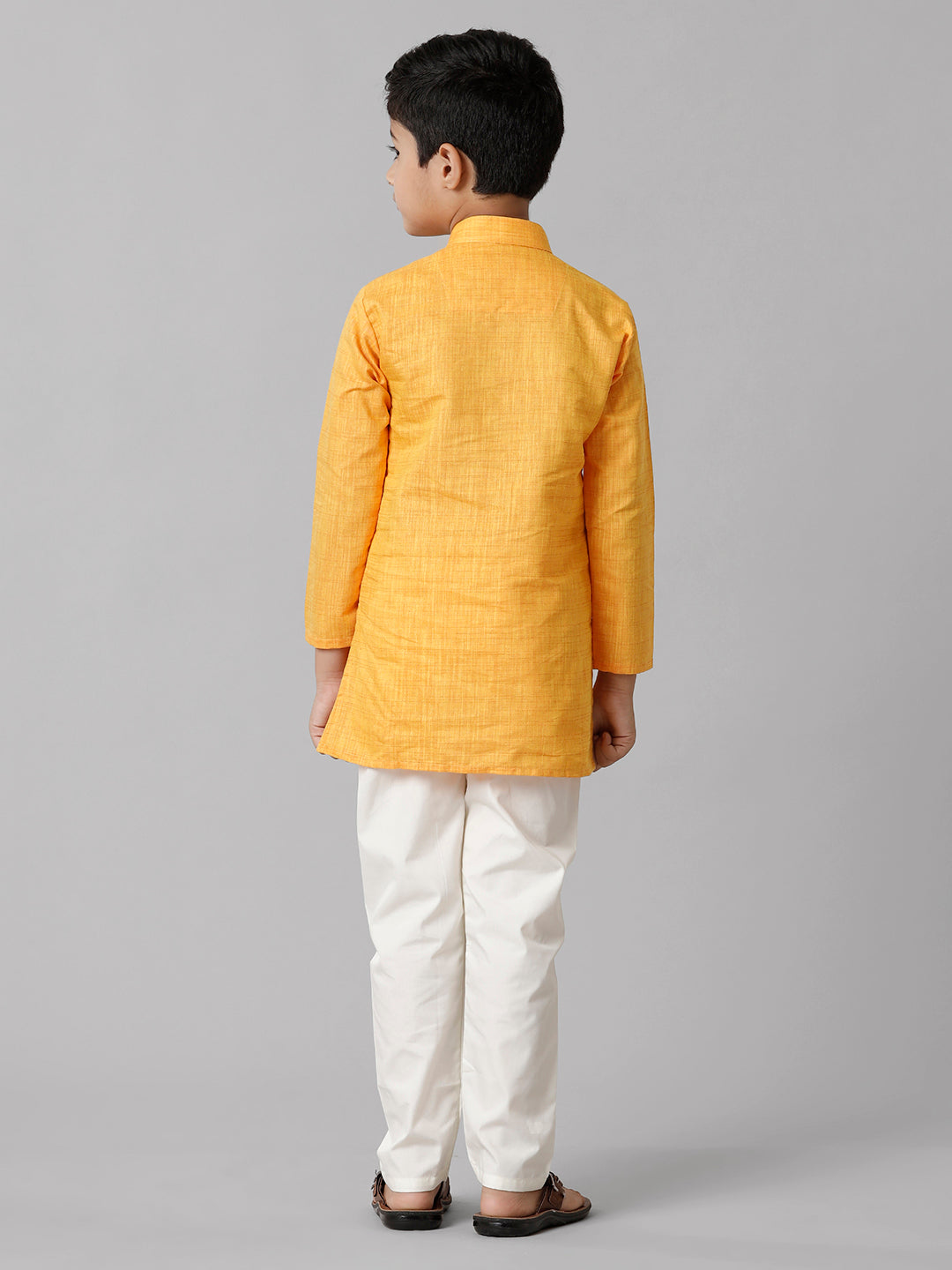Boys Cotton Full Sleeves Yellow Kurta with Cream Pyjama Pant Combo FS1-Back view