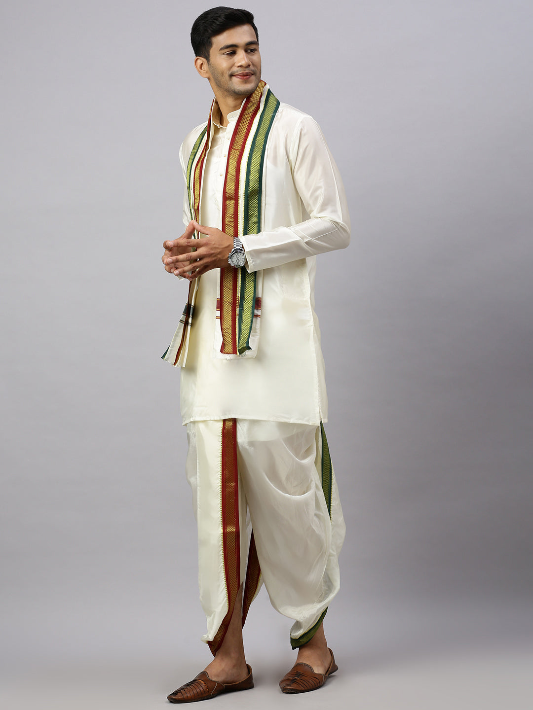 Men Art Silk Kurta Readymade Elastic Panchakacham & Towel Set