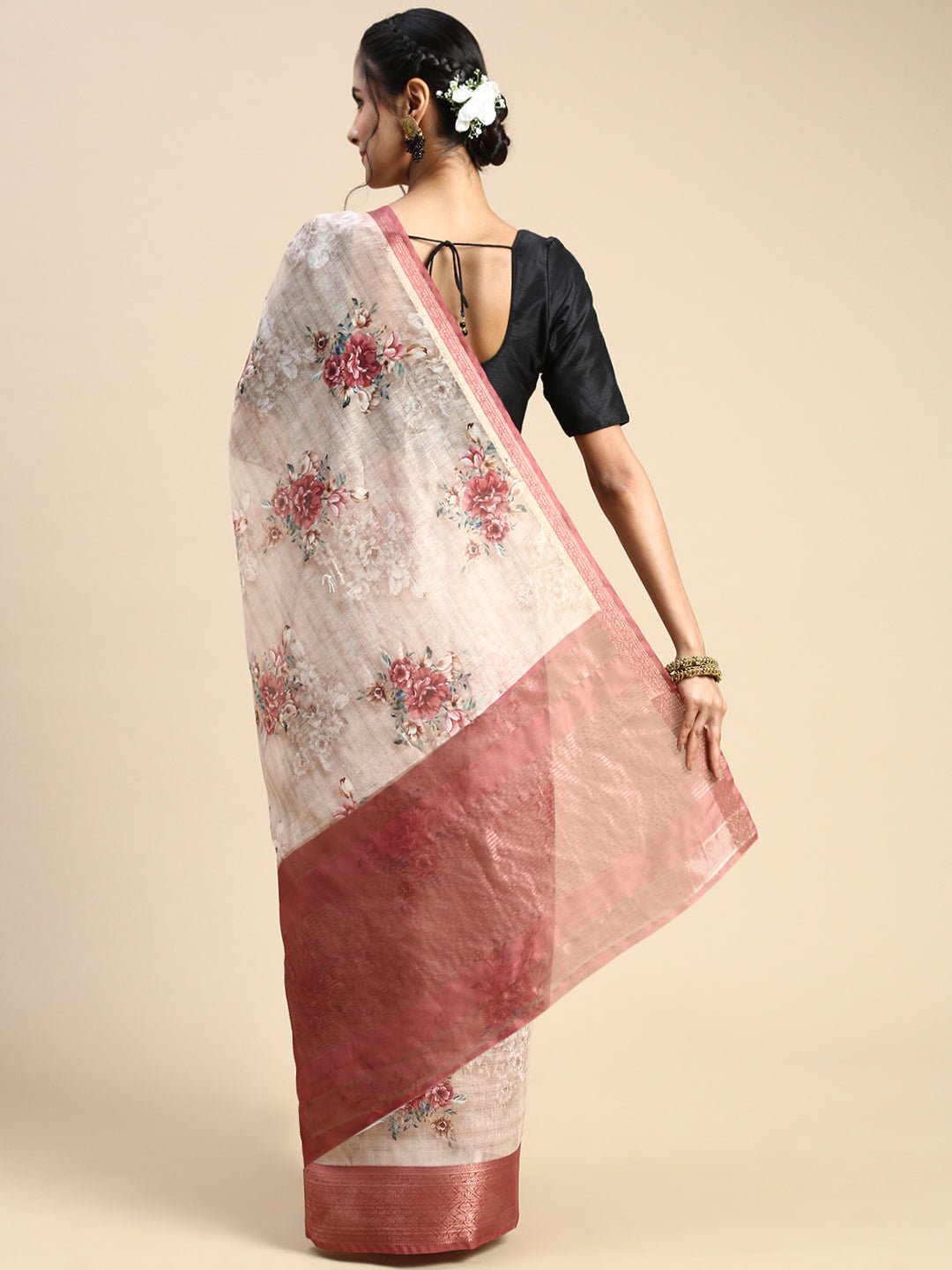 Digital Floral Printed Sandal Colour Semi Linen Saree SL83-Back view