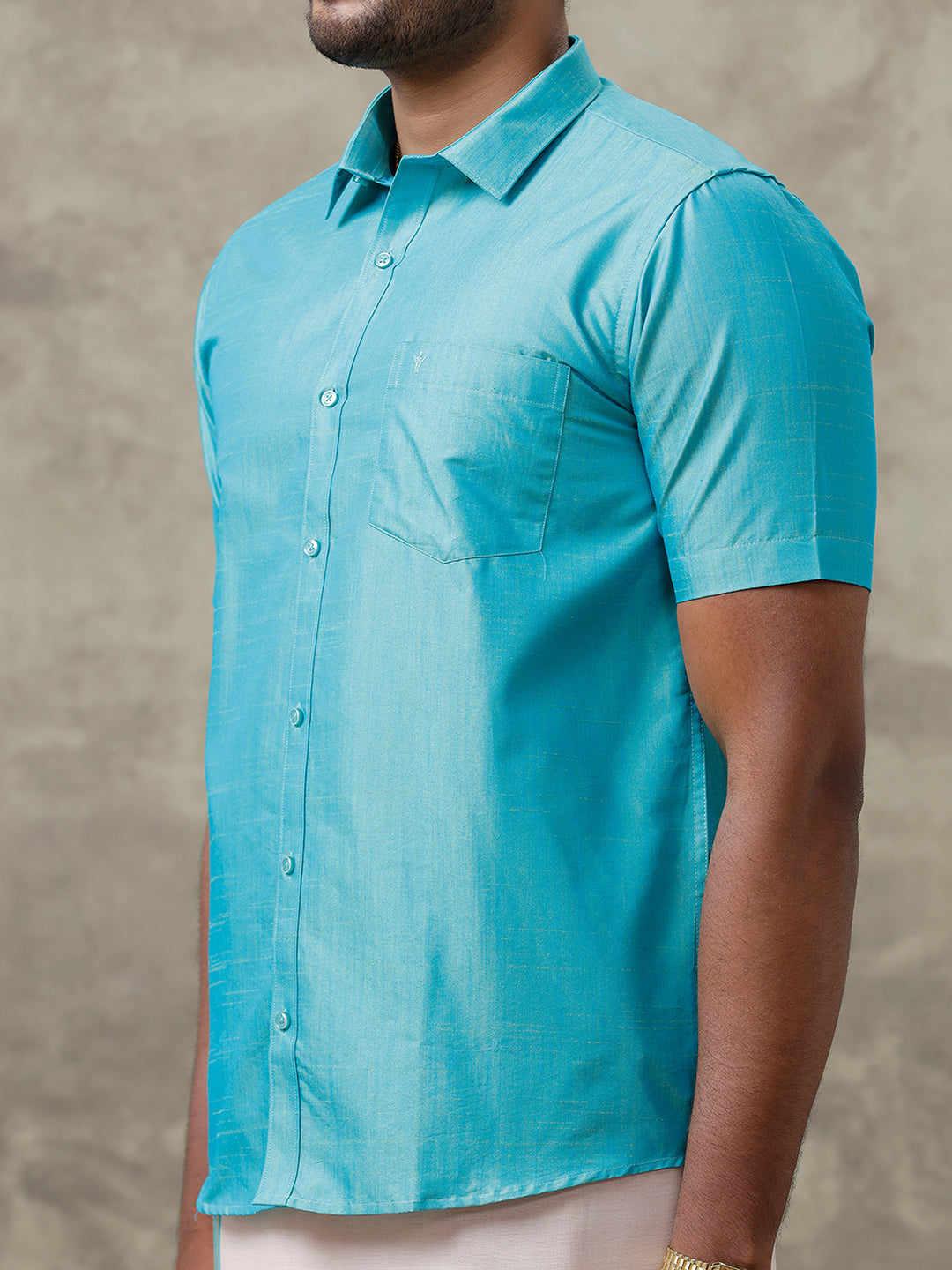 Men Cotton Blend Aqua Blue Shirt and Tissue Dhoti Set VB8