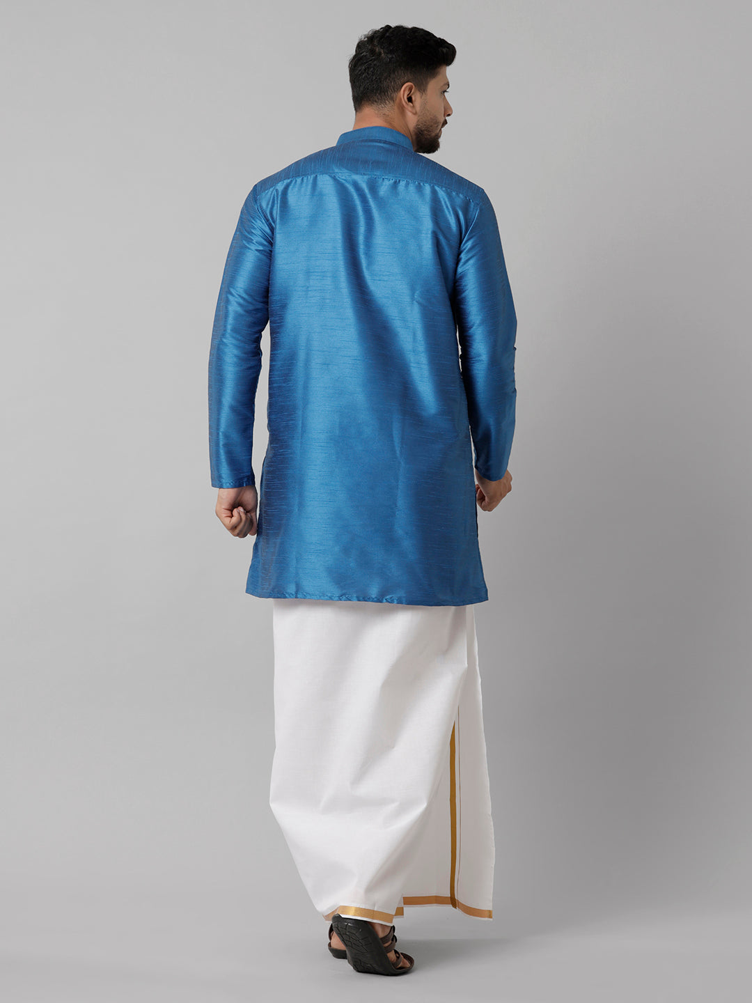 Mens Polyster Blue Medium Length Kurta with White 3/4" Gold Jari Dhoti Combo SL01-Back view