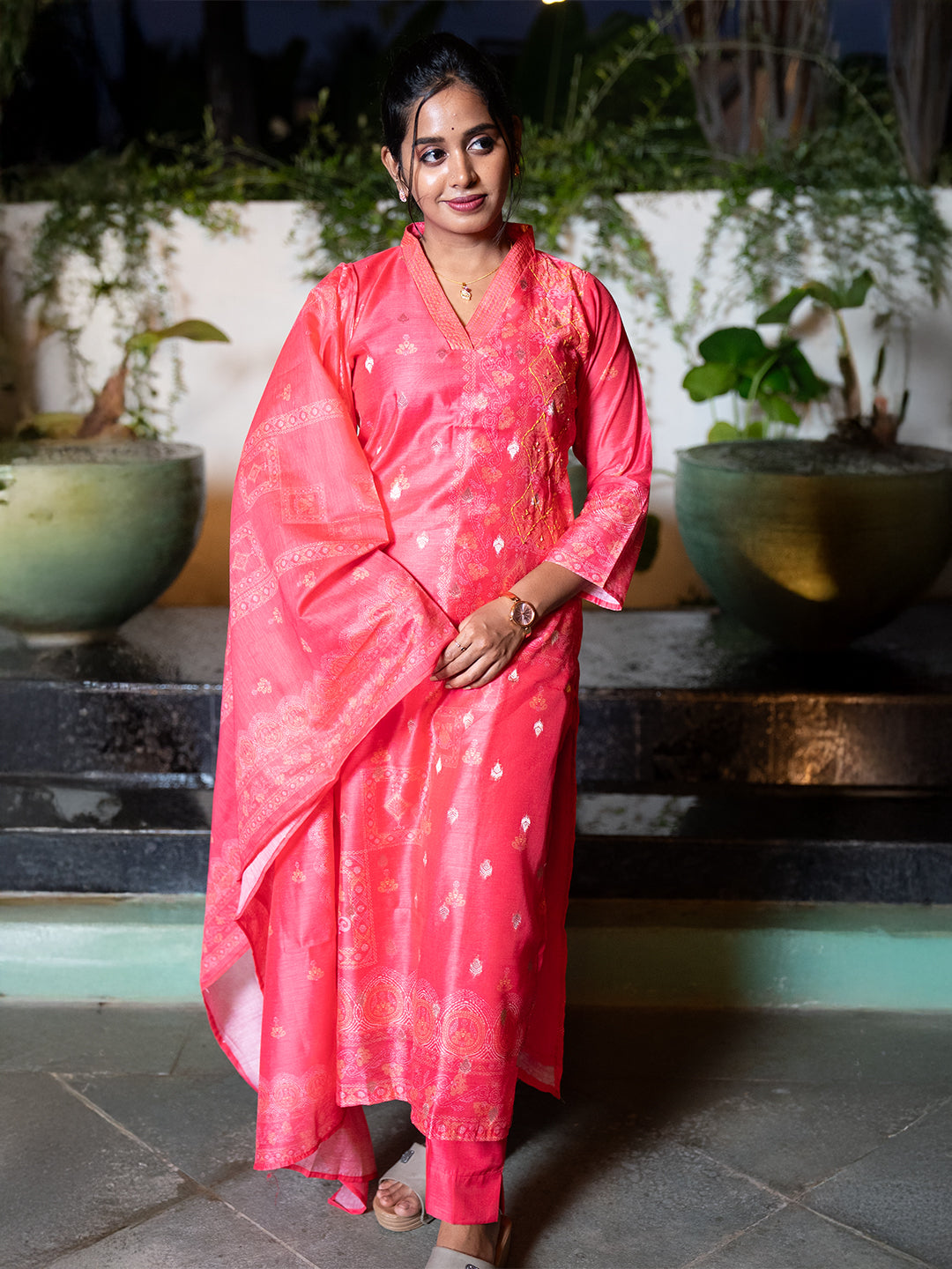 Women Pink MM Silk Printed Kurti Set EKS128