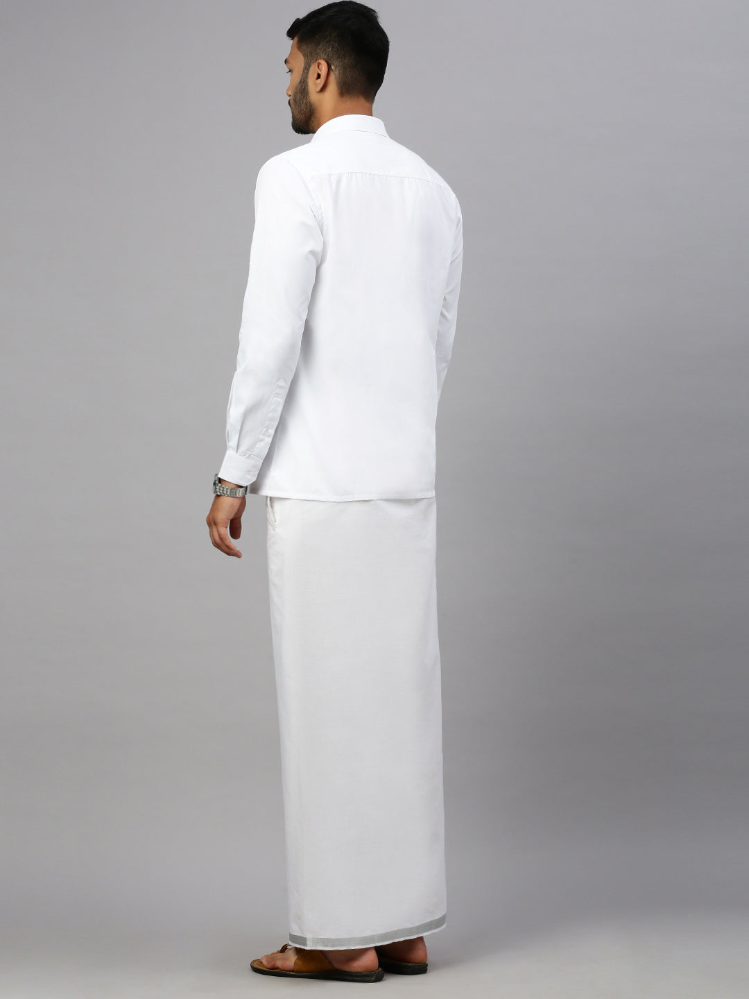 Men 100% Cotton Double Layer White Dhoti with 1"Jari Border Silver Earth