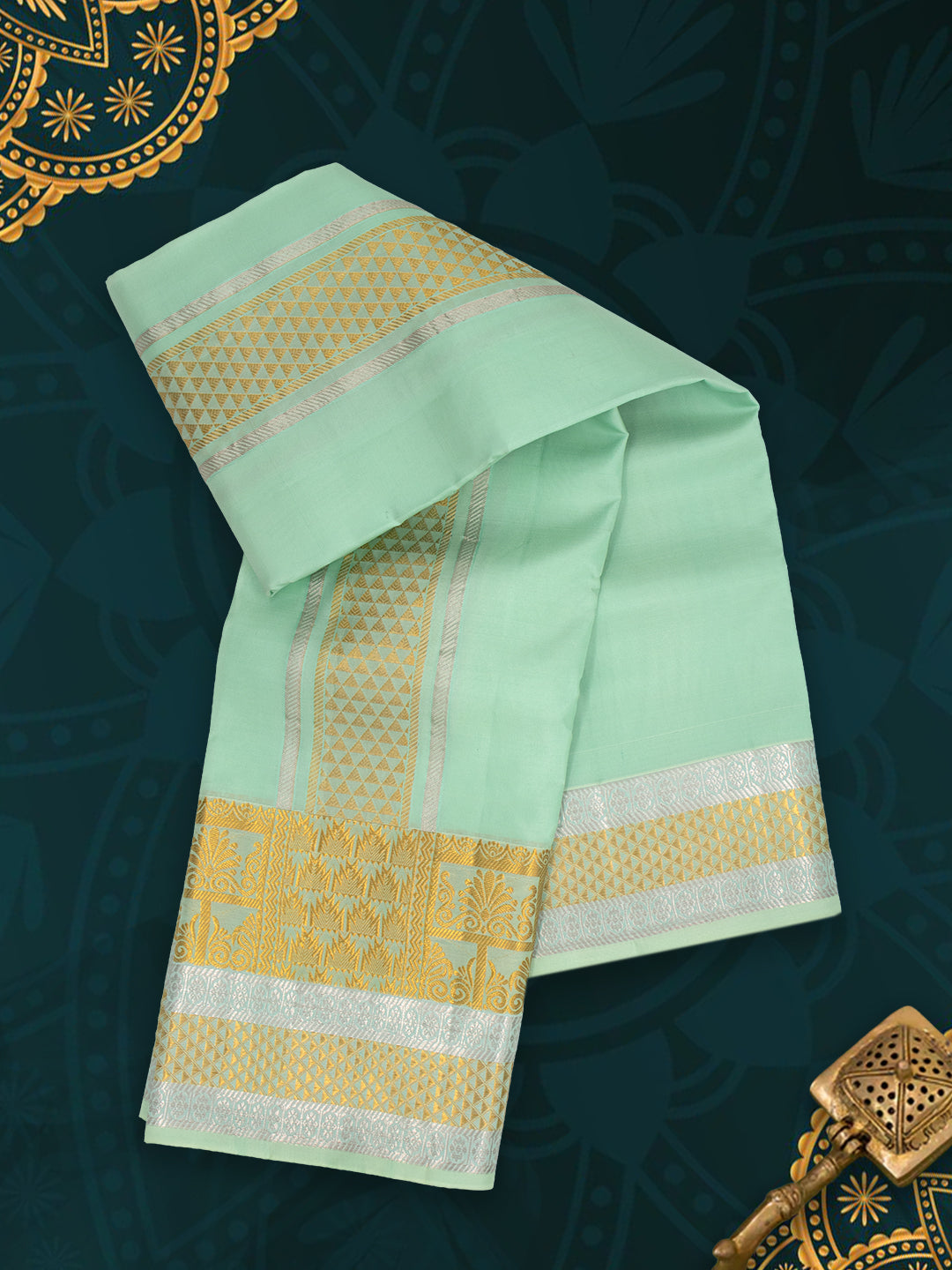 Men Pure Silk Green Dhoti & Towel Set with 4" inch Fancy Jari Border TKC11