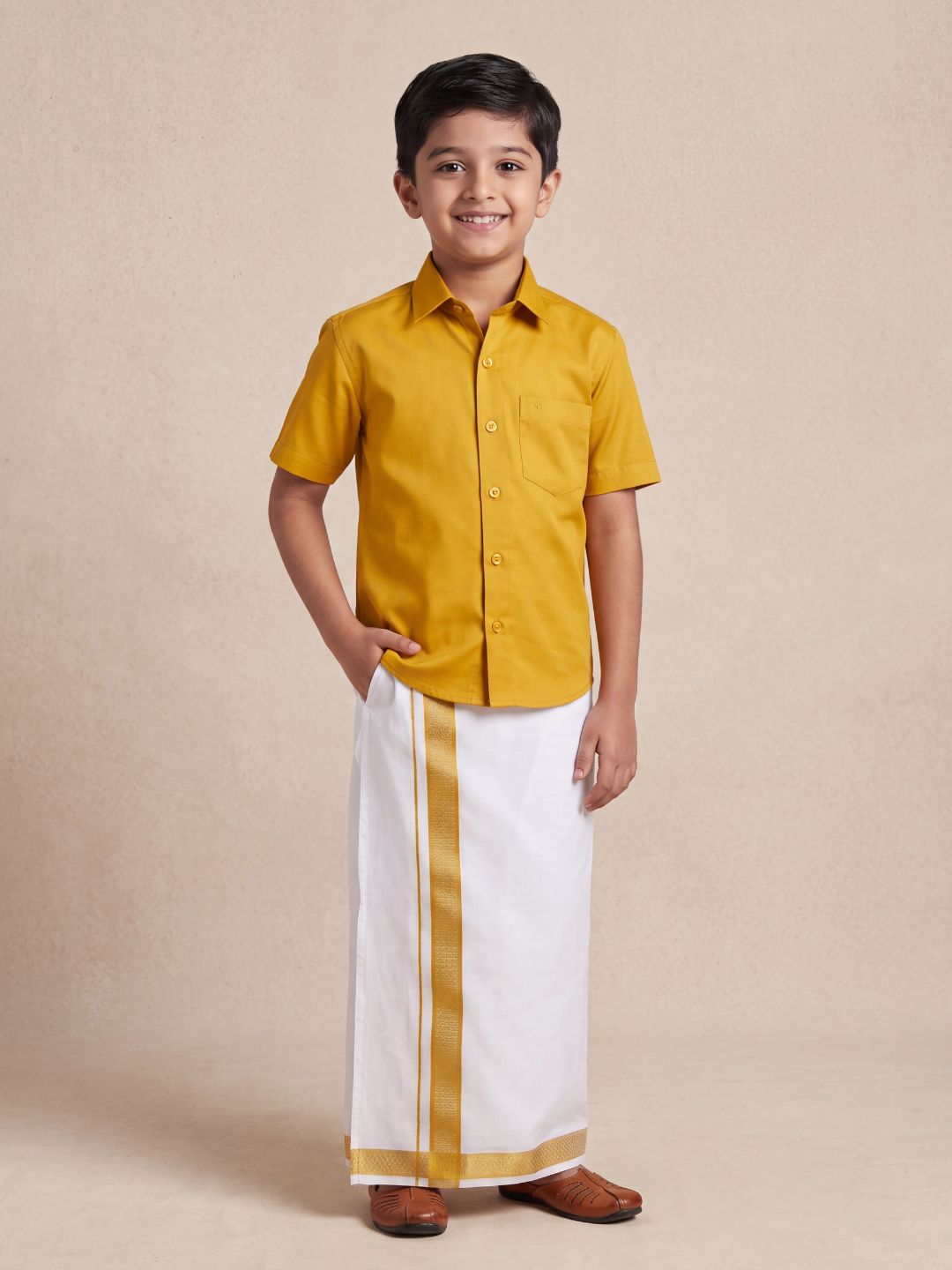 Boys 100% Cotton Orange Shirt and Fancy Border Dhoti Set BT4
