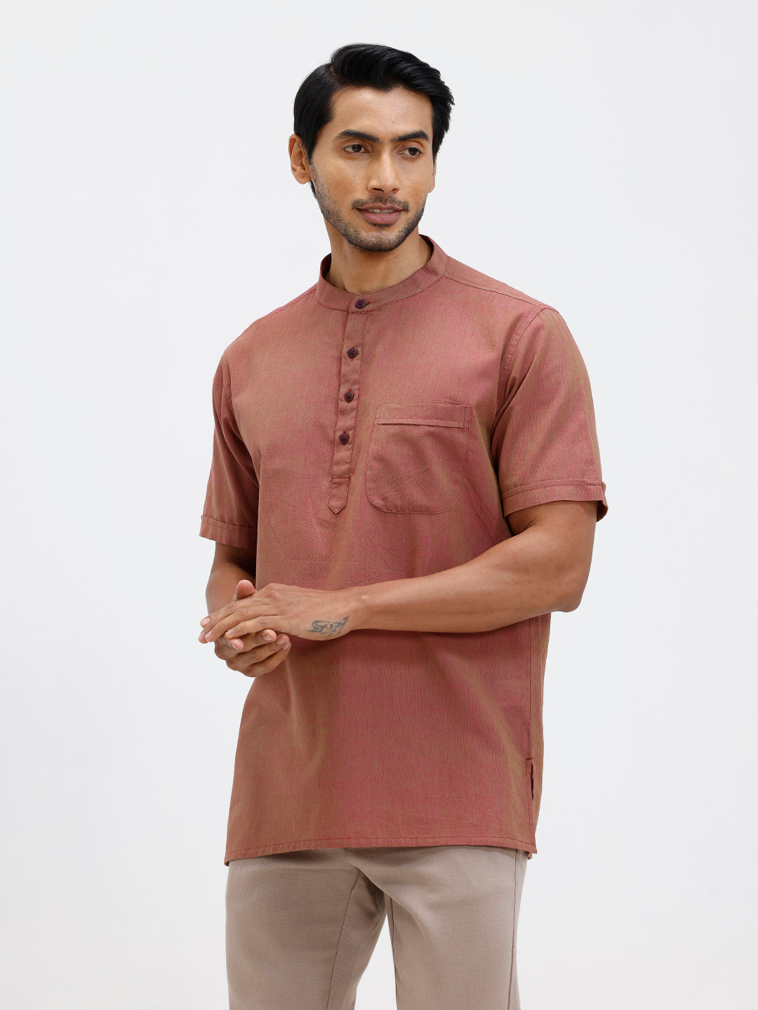 Men Cotton Short Length Plain Pocket Kurta Greenish Pink PC25