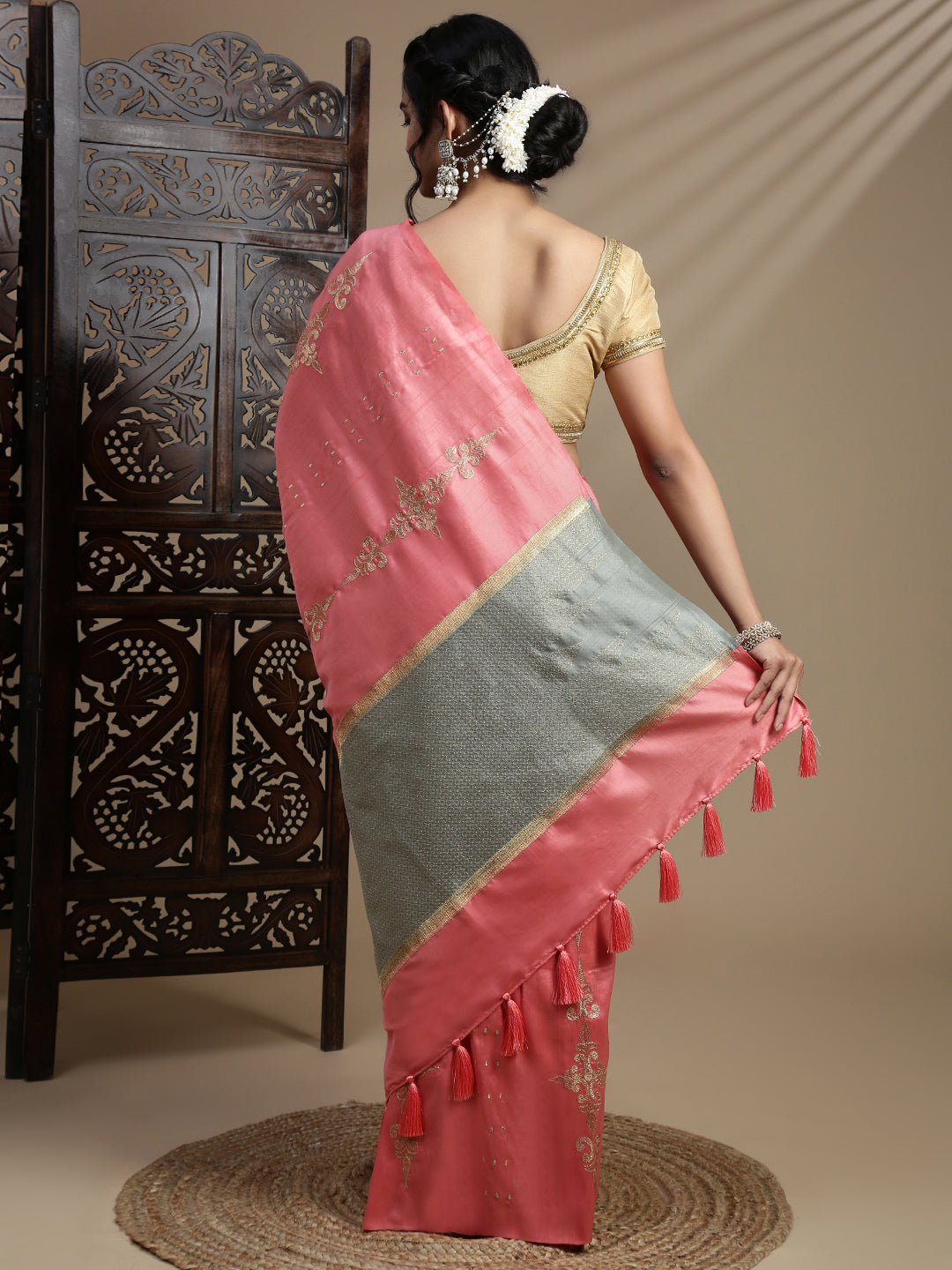 Women Pink Semi Tussar Embroidered Saree ST314