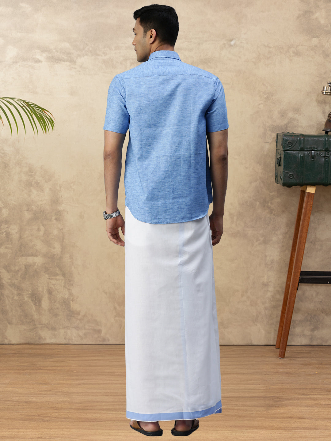 Mens Vetti Vaaram Matching Border Dhoti & Shirt Combo Blue