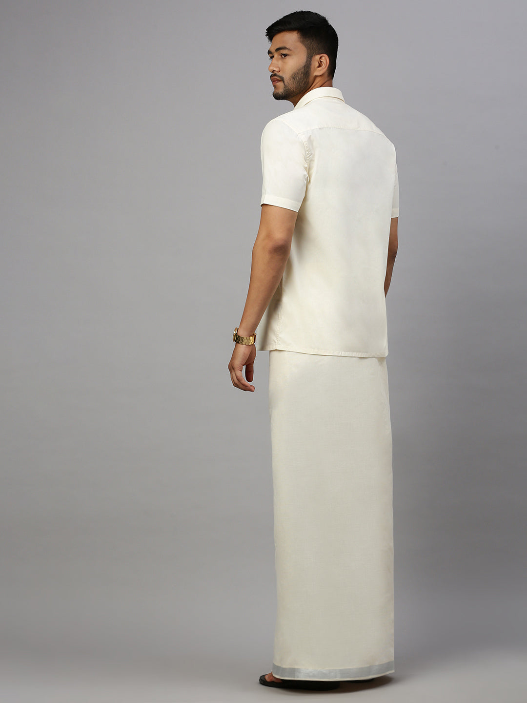Men 100% Cotton Double Layer Cream Dhoti with 1 1/2" Jari Border Chaitra Silver
