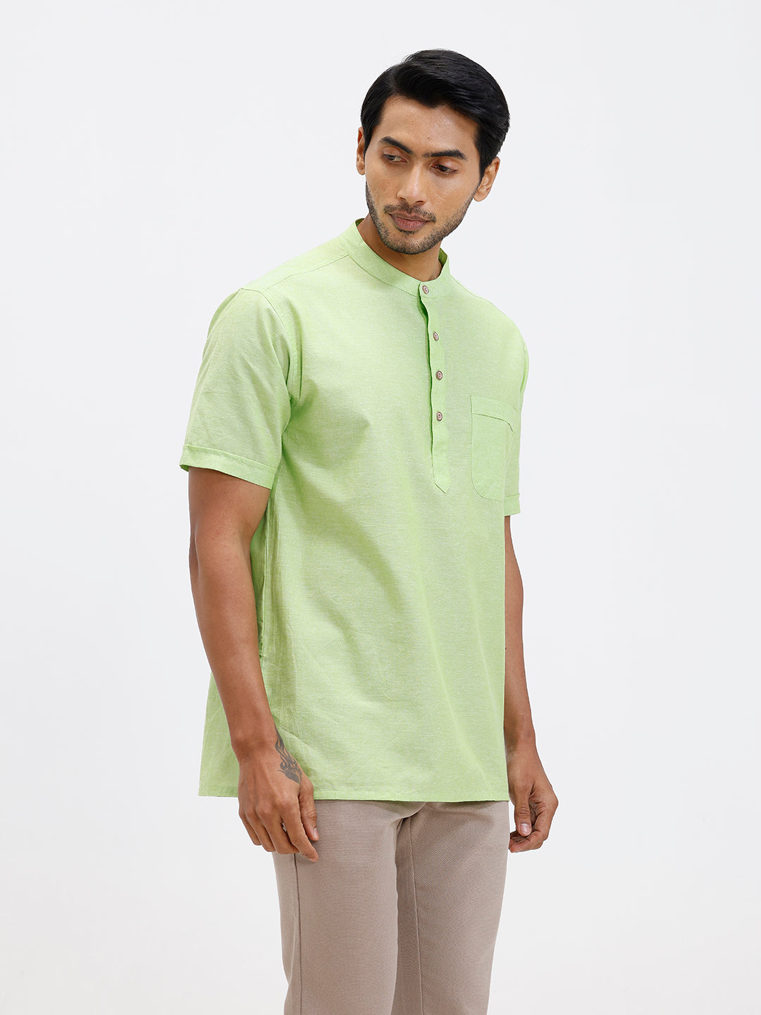 Men Cotton Short Length Plain Pocket Kurta Pale Green PC27