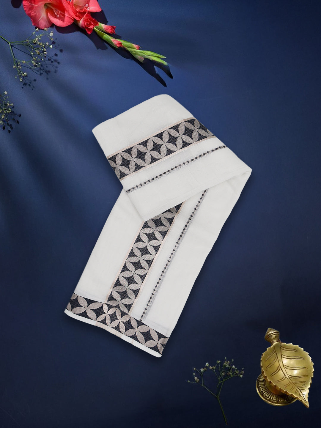 Men Premium Cotton Double Layer White Dhoti with Navy Fancy Jari Border Luxury Club LC20