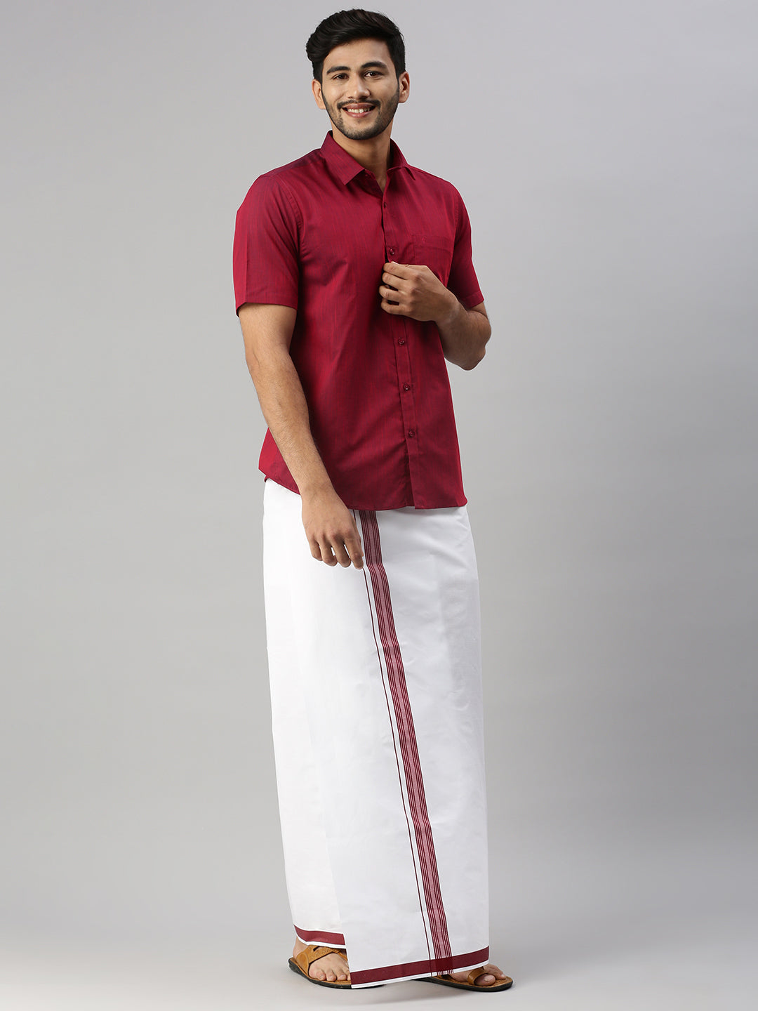 Mens Purple Matching Border Dhoti & Half Sleeves Shirt Set Evolution IC6-Side view