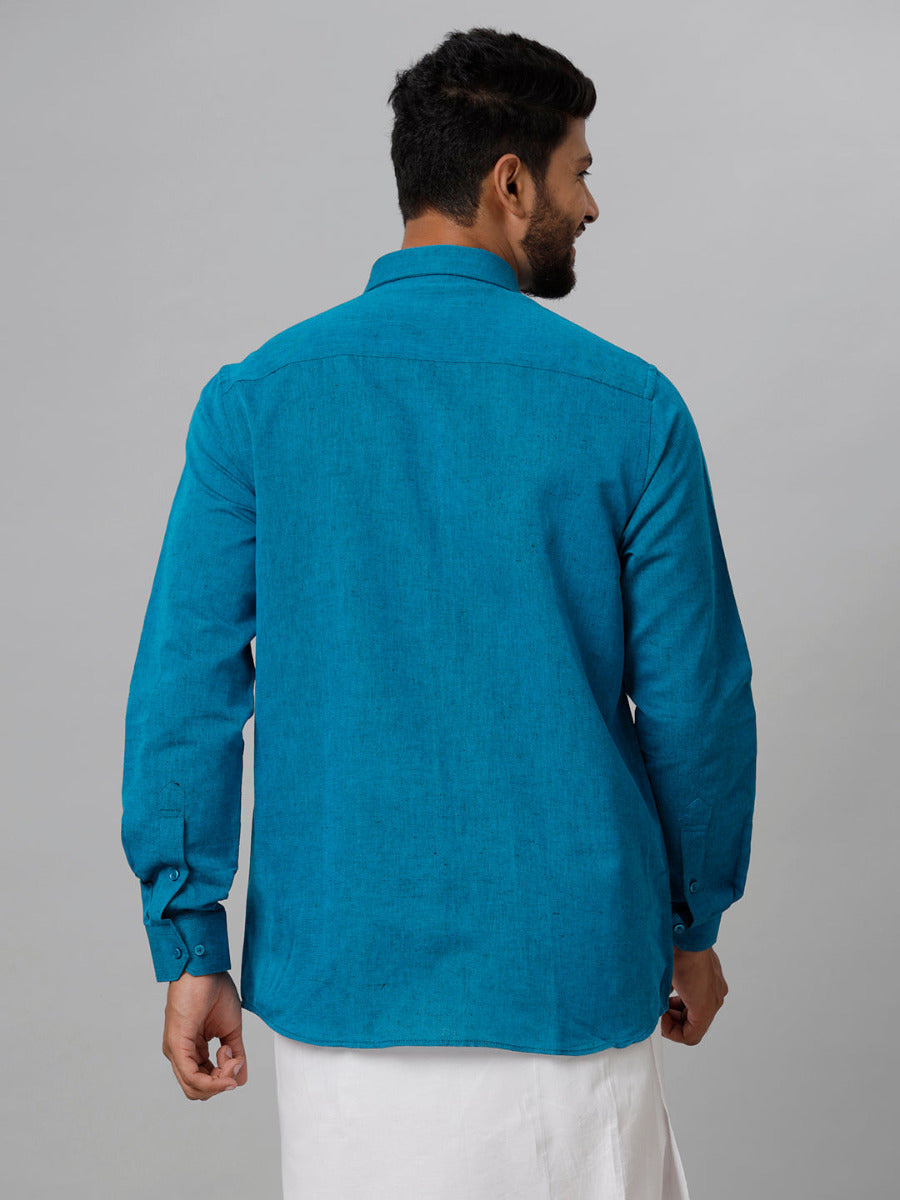 Mens Linen Cotton Formal Peacock Blue Full Sleeves Shirt LF13-Back view