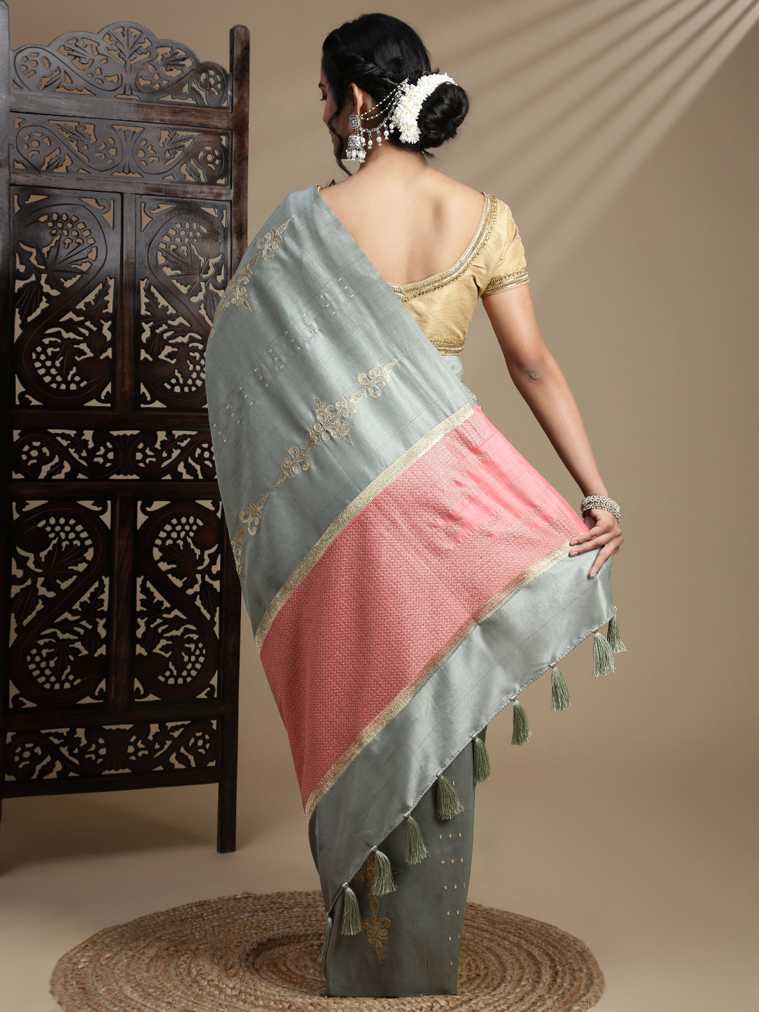 Women Sage Green Semi Tussar Embroidered Saree ST313