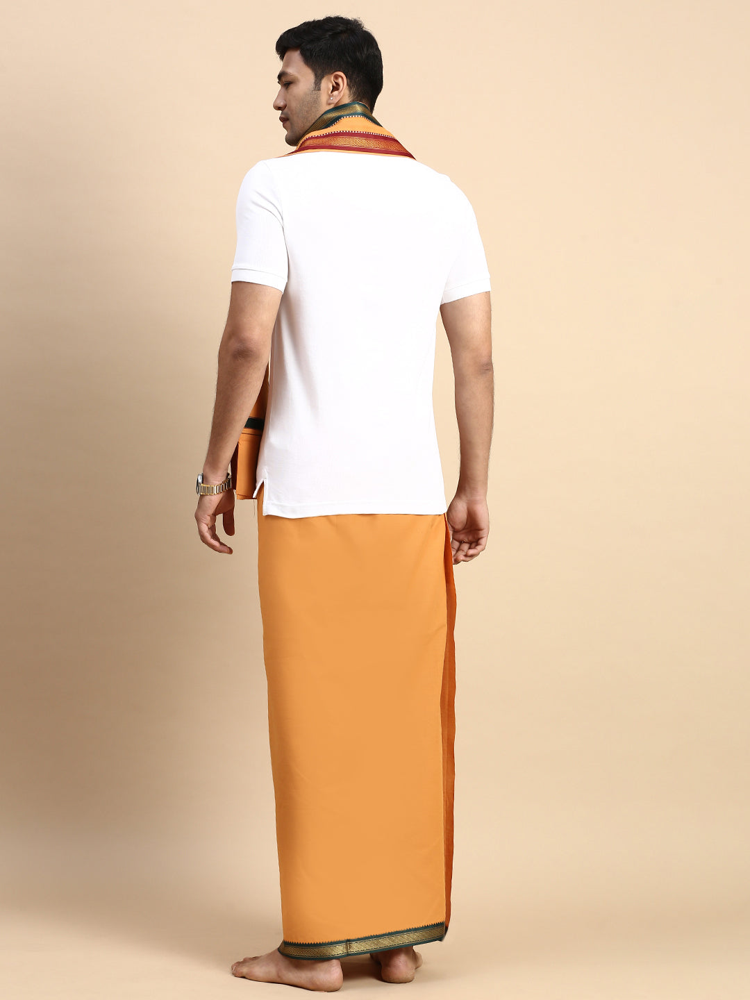 Men Devotional Mayilkhan Border Dhoti with Towel & TShirt Set Kaavi EP1