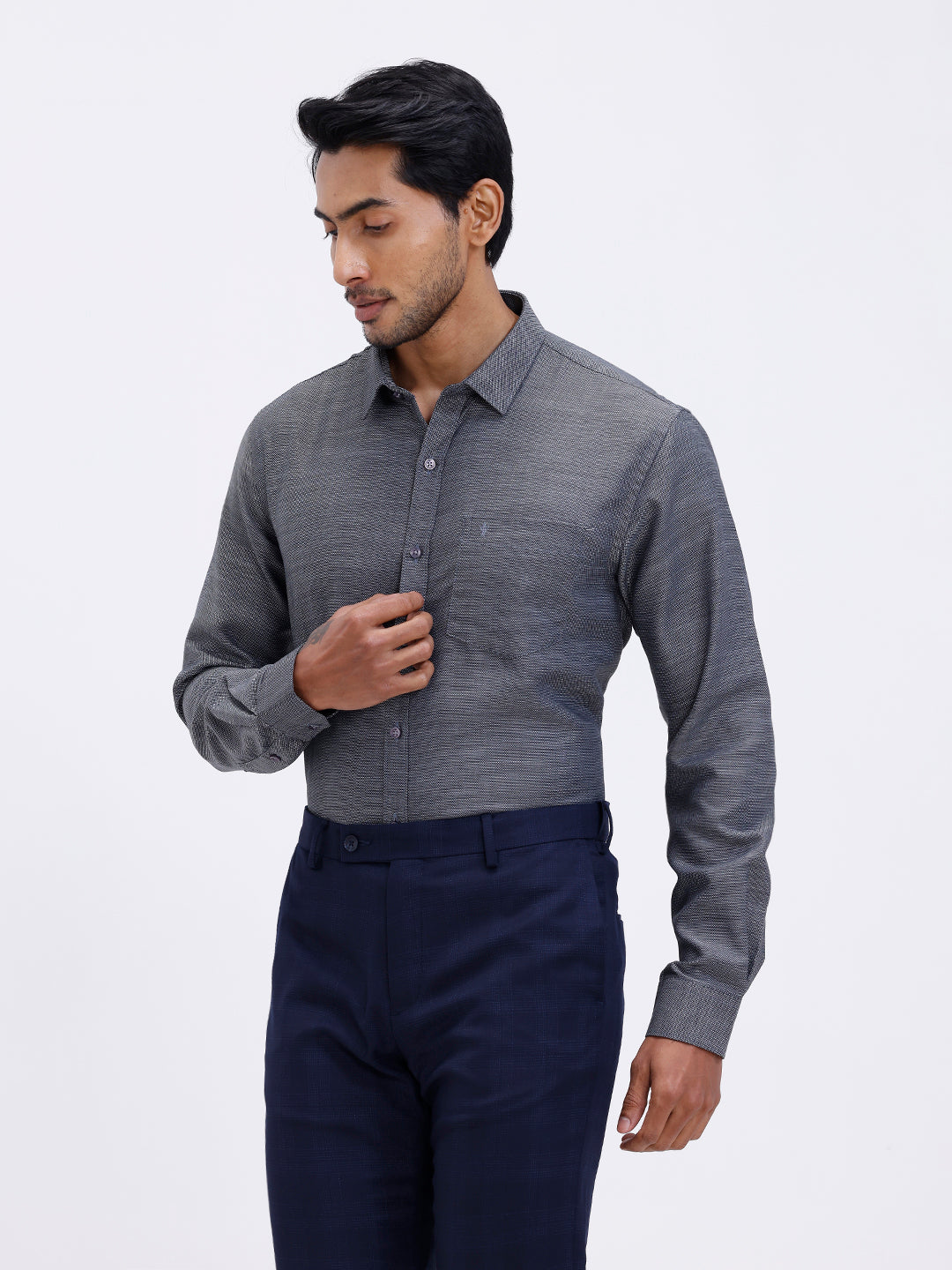 Men Cotton Rich Full Sleeve Shirt Grey Black Dobby T59 AIT5