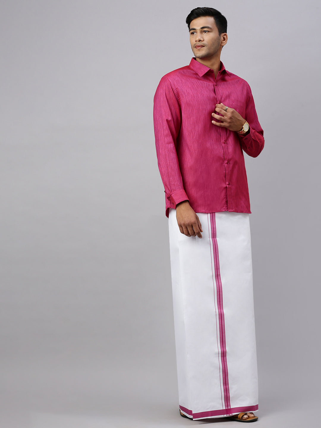 Men Magenta Matching Border Dhoti & Full Sleeves Shirt Set CV2