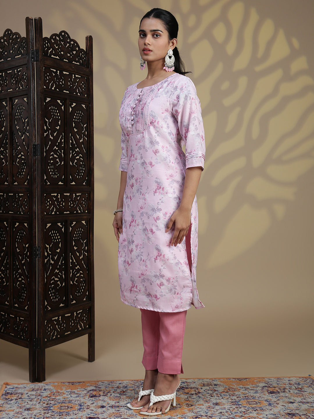 Women Semi Linen Printed Kurti Set Light Pink EKS93