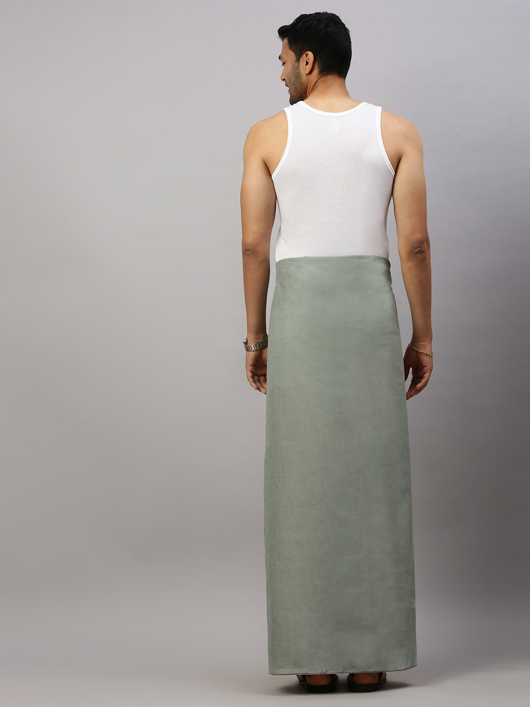 Men Cotton Blend Single Layer Cement Dhoti with Assorted Border Bhakta