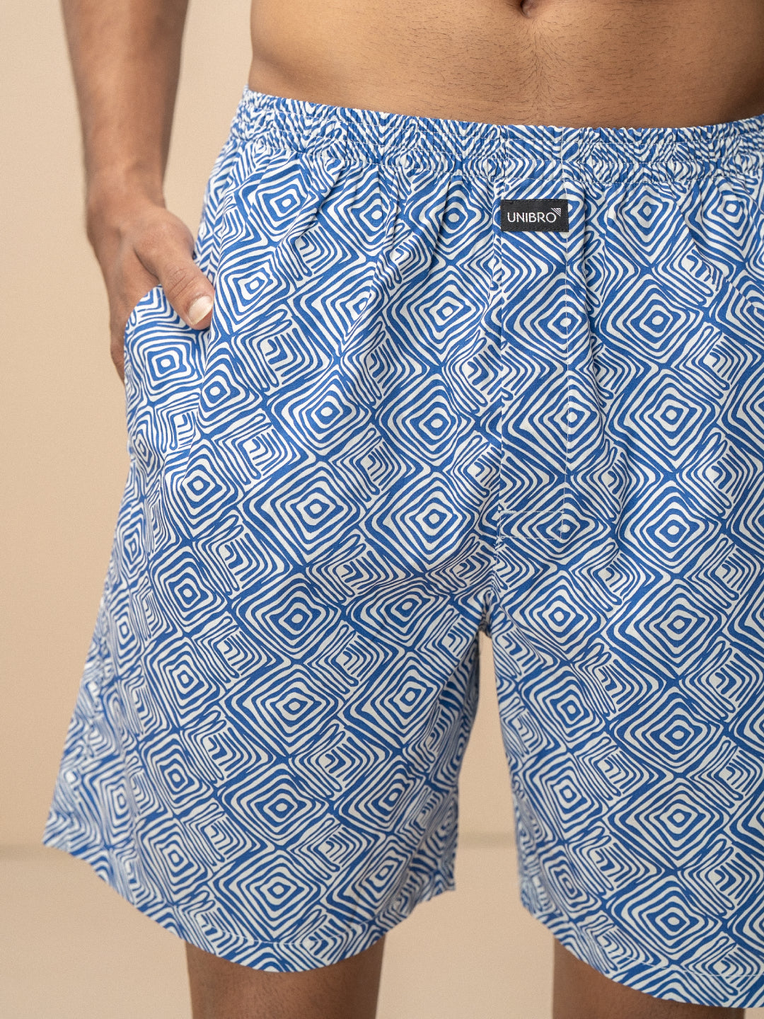 Men 100% Combed Cotton Blue Woven Printed Boxer Long Shorts WB51