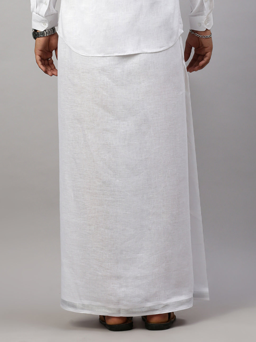 Men Pure Linen Double Layer White Dhoti with Silver Jari Border