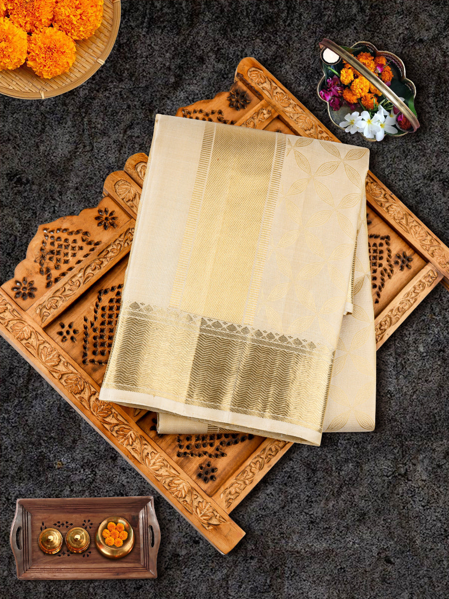 Mens Pure Silk Fawn 4" Gold Jari Border Dhoti with Towel Amirtham-View one 