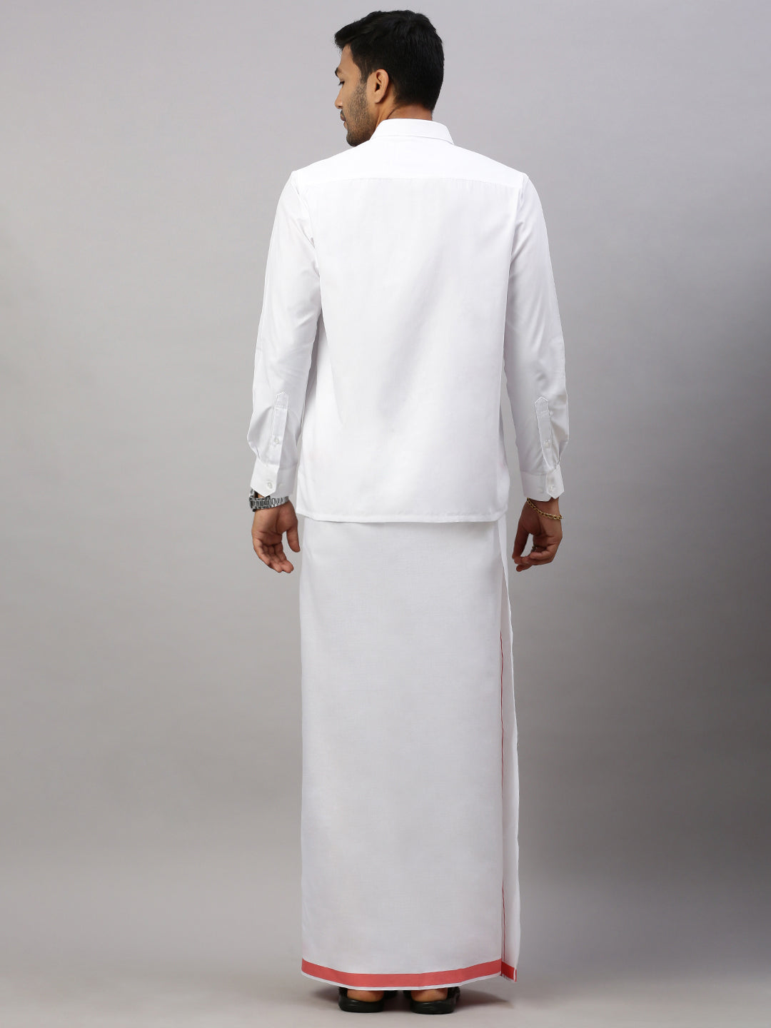 Men White Shirt with Pink Border Single Layer Dhoti Combo WP09