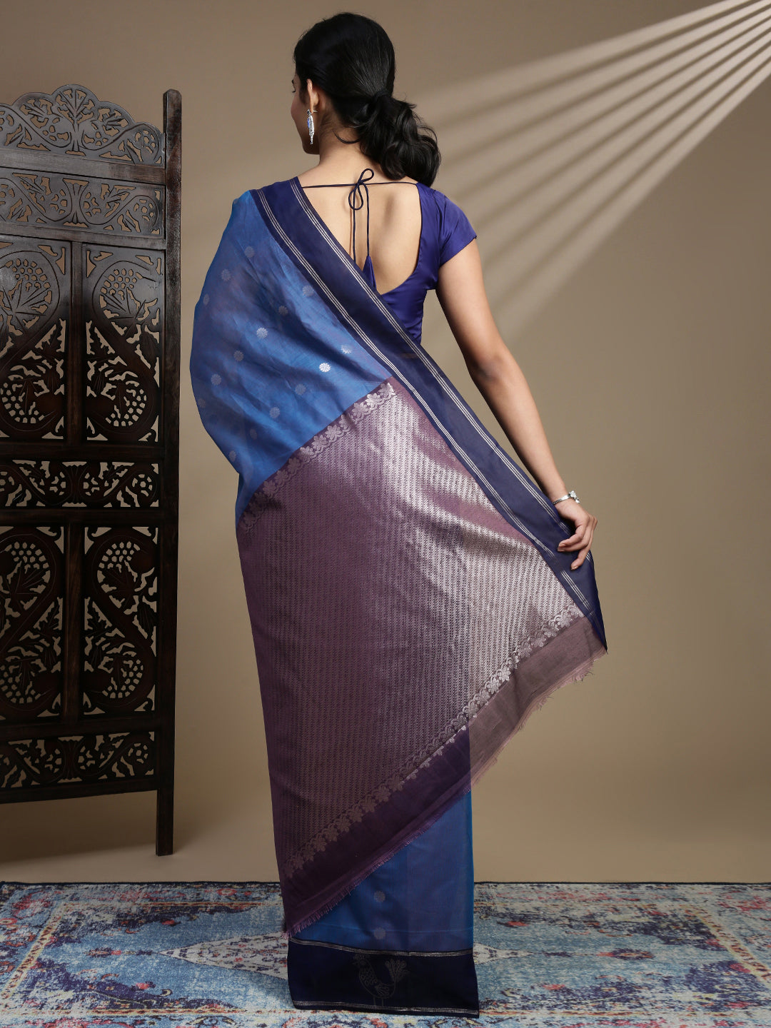 Women Blue Semi Kora Cotton Saree SK116