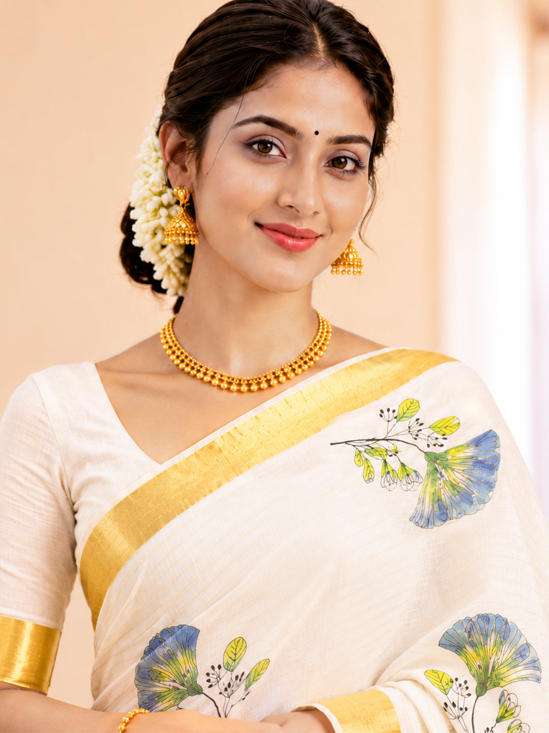 Women Kerala Printed Cream Saree KLS05