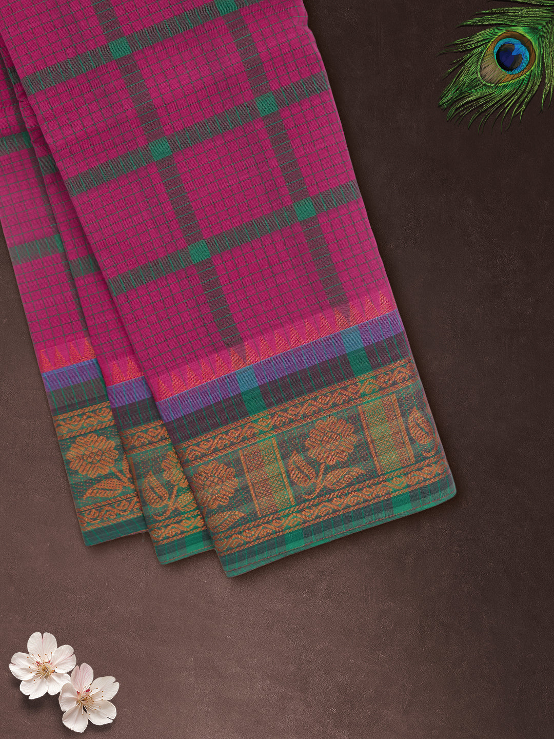 Women Dark Pink Checks Pure Chettinad Cotton Saree PCS231