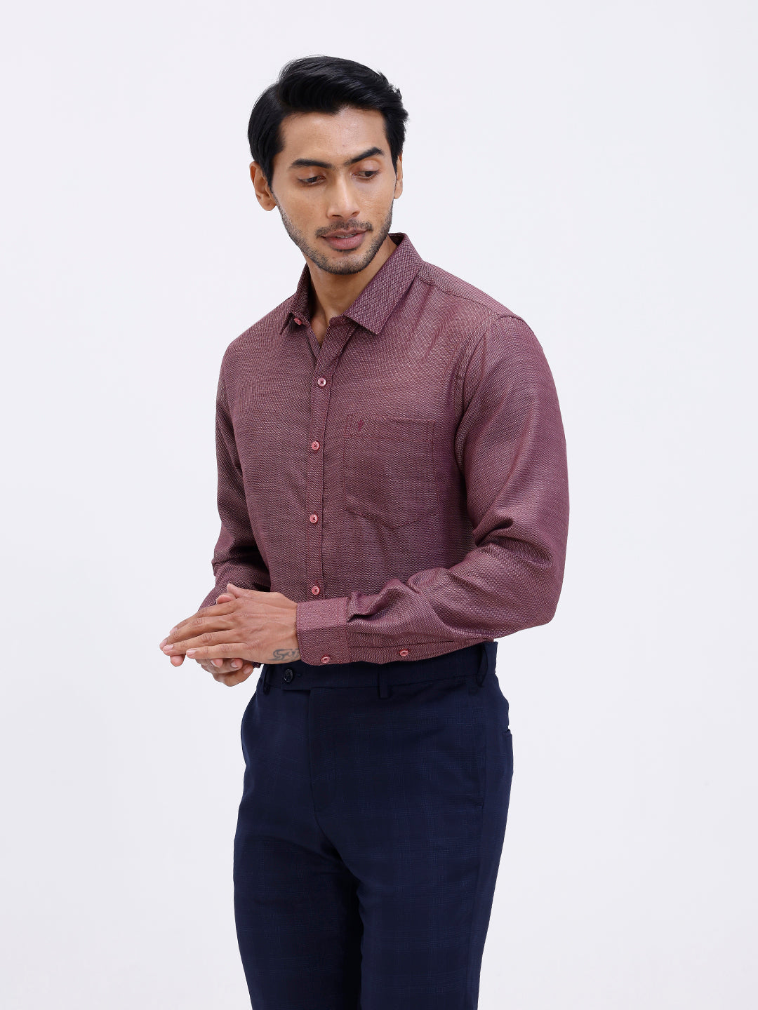 Men Cotton Rich Full Sleeve Shirt Maroon Red Dobby T59 AIT2