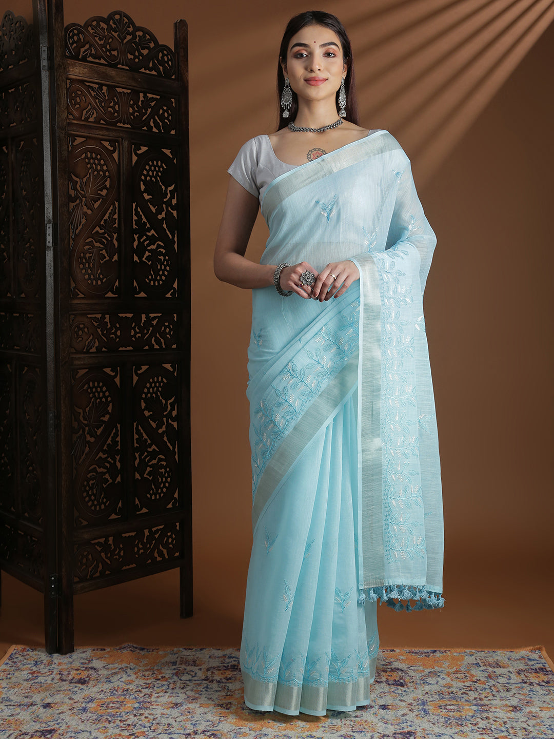 Women Light Blue Semi Linen Embroidered Saree SL246