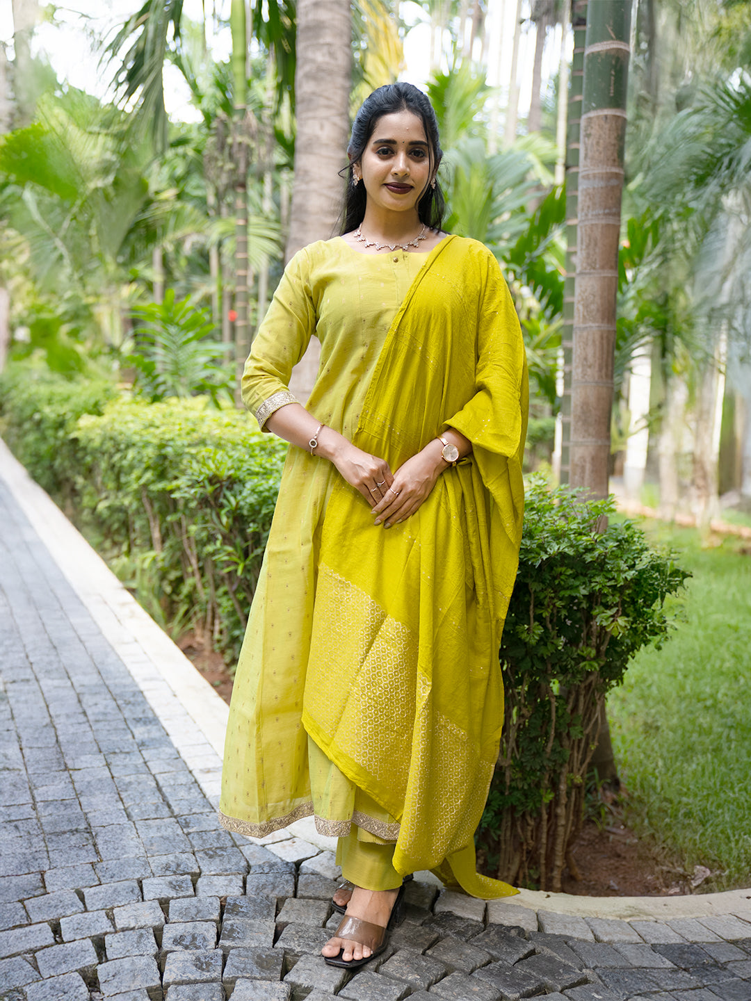 Women Green Cotton Mix Weaving Embroidered Kurti Set EKS103