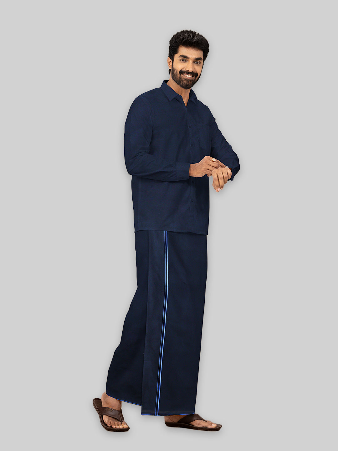 Men Cotton Blend Single Layer Black Dhoti & Towel Set with Blue Small Border Sudhan