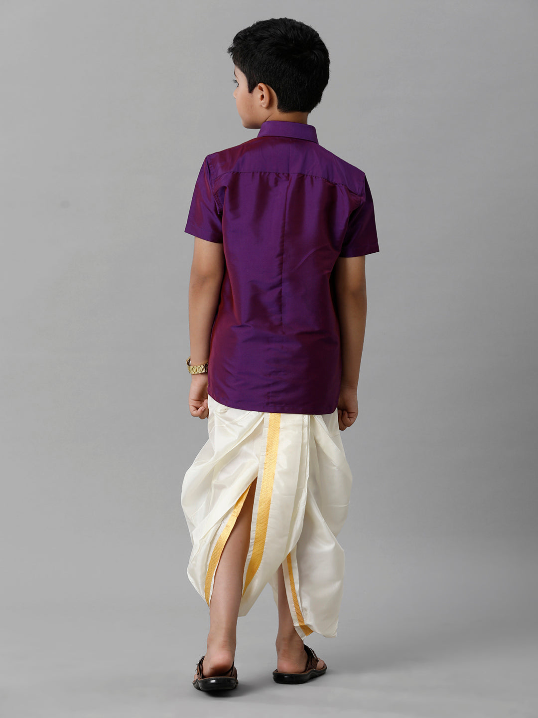 Boys Silk Cotton Violet Half Sleeves Shirt with Soft Silk Panchakacham Combo K21-Back view