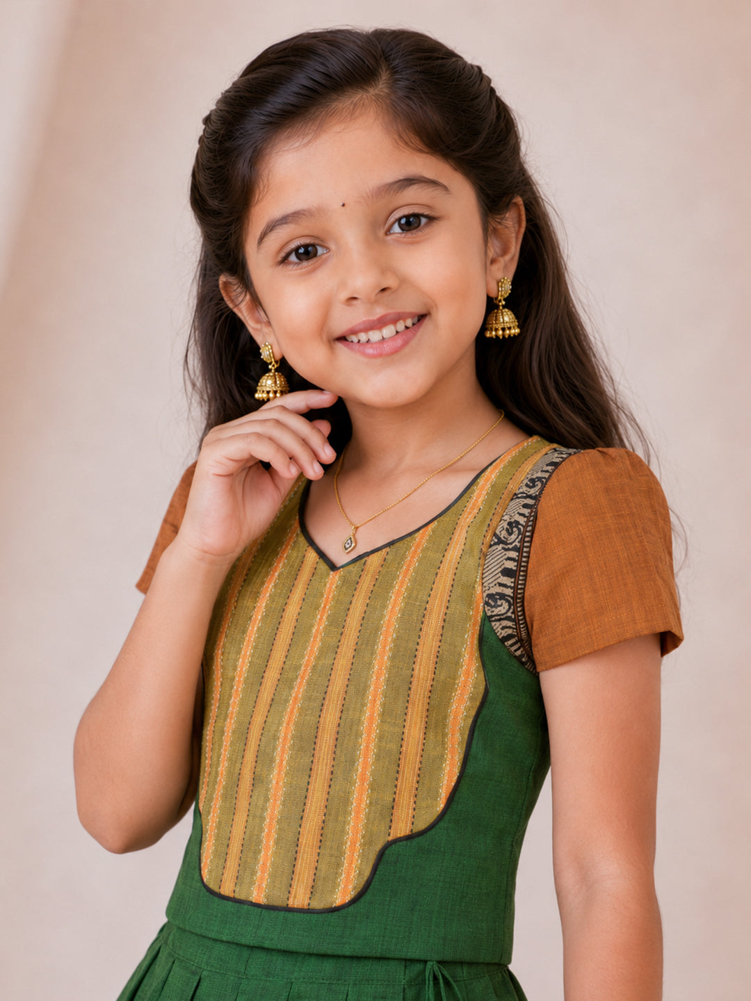 Girls Cotton Green Pattu Pavadai Set GPS43
