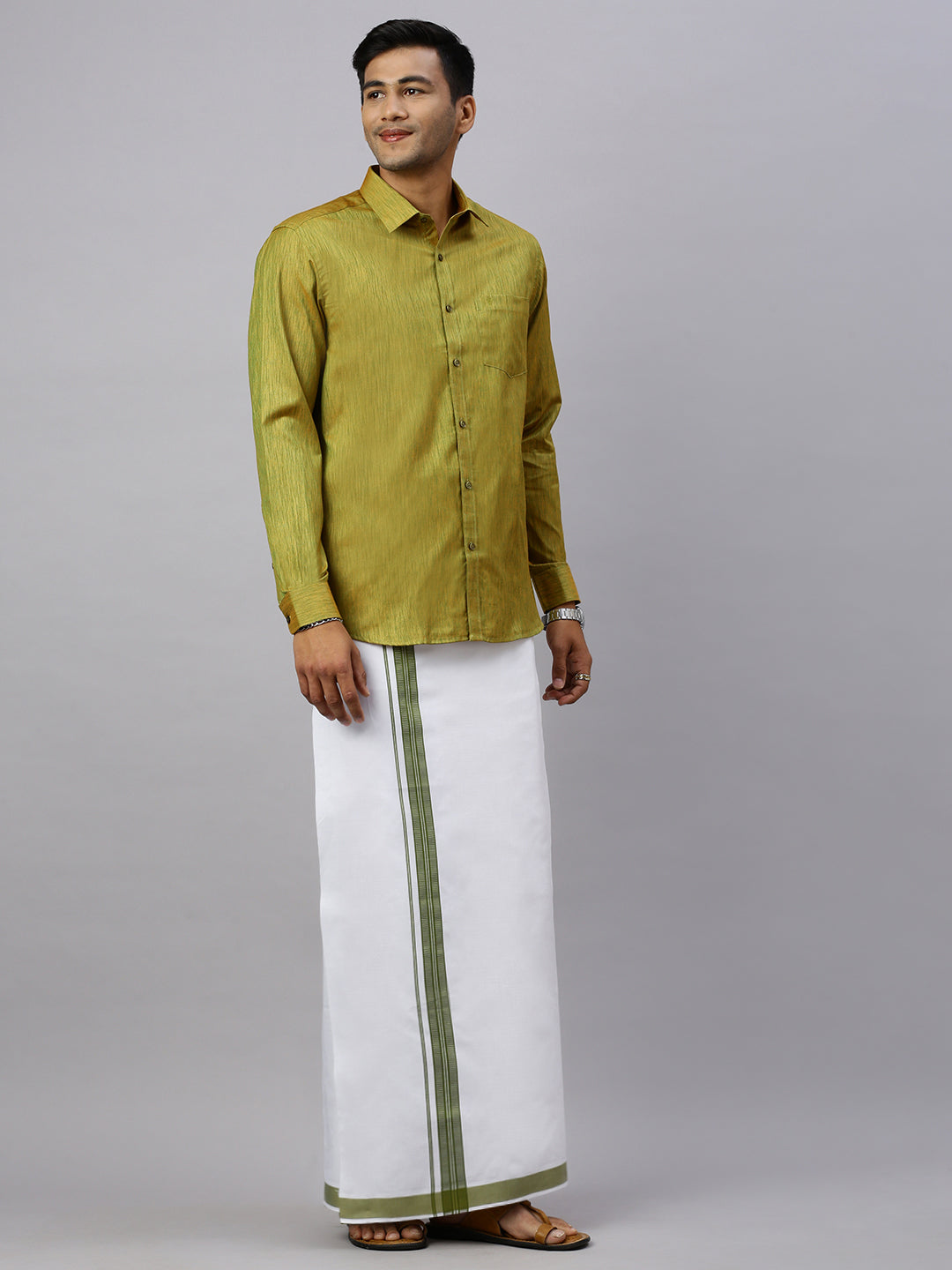 Mens Bronze Olive Matching Border Dhoti & Full Sleeves Shirt Set CV8