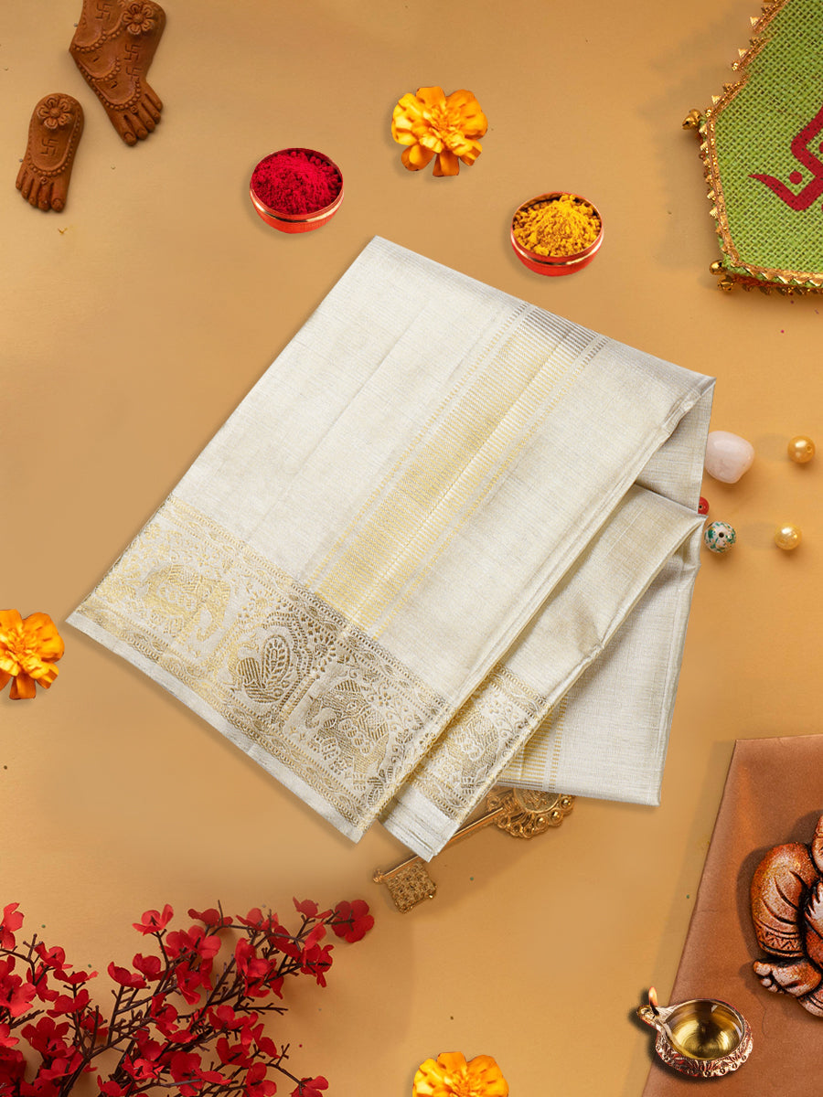 Premium Pure Silk Tissue Gold Dhoti With Angavastram 4" Jari Border Agarshanaa--View two