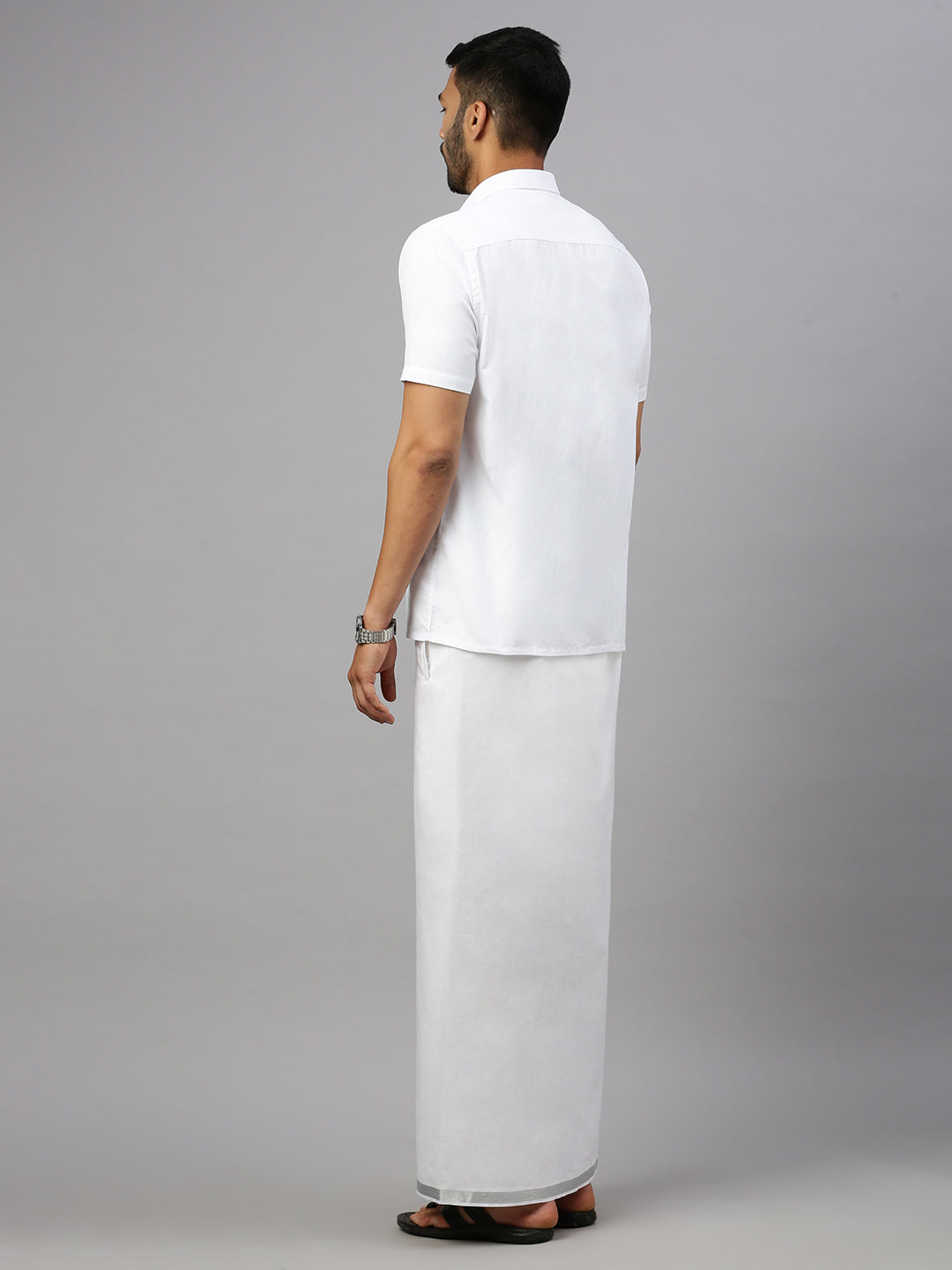 Men Cotton Blend Double Layer White Dhoti with 1" Jari Border Silver Rose