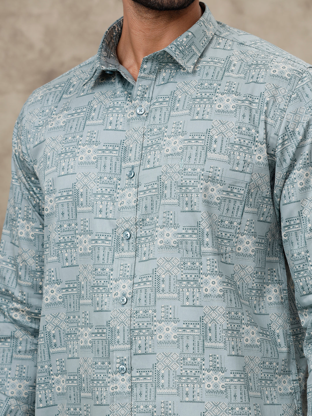 Men Slate Green Matching Border Dhoti with Printed Shirt Set Fusion PS3