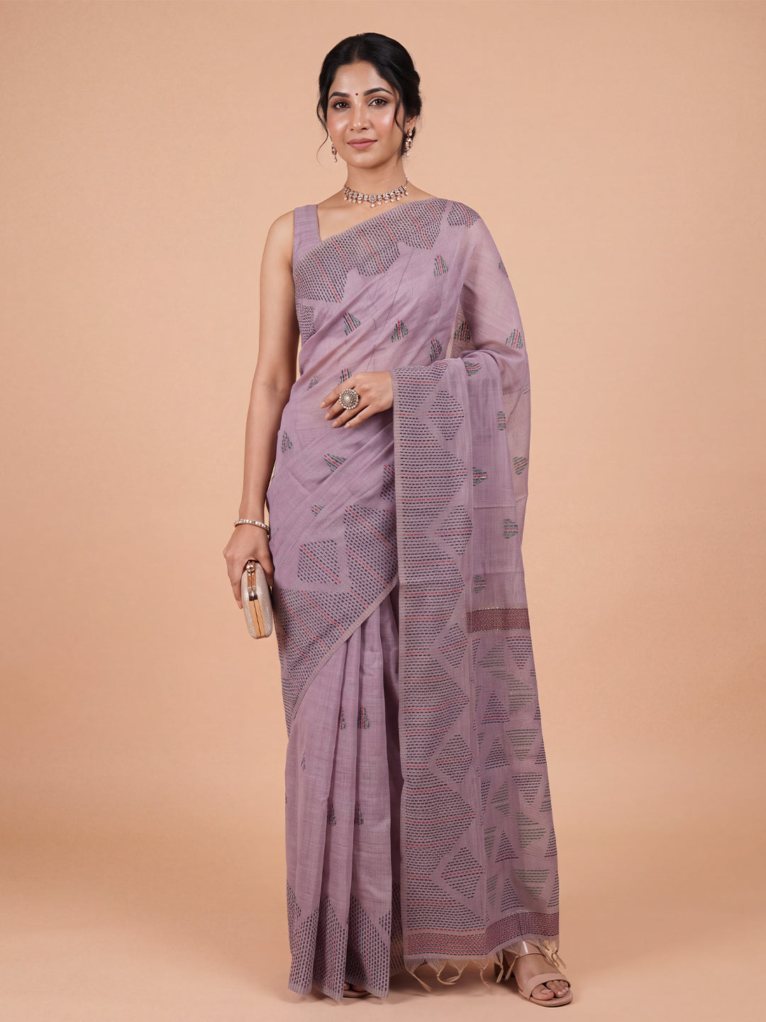 Women Kora Cotton Purple Printed Saree KC02