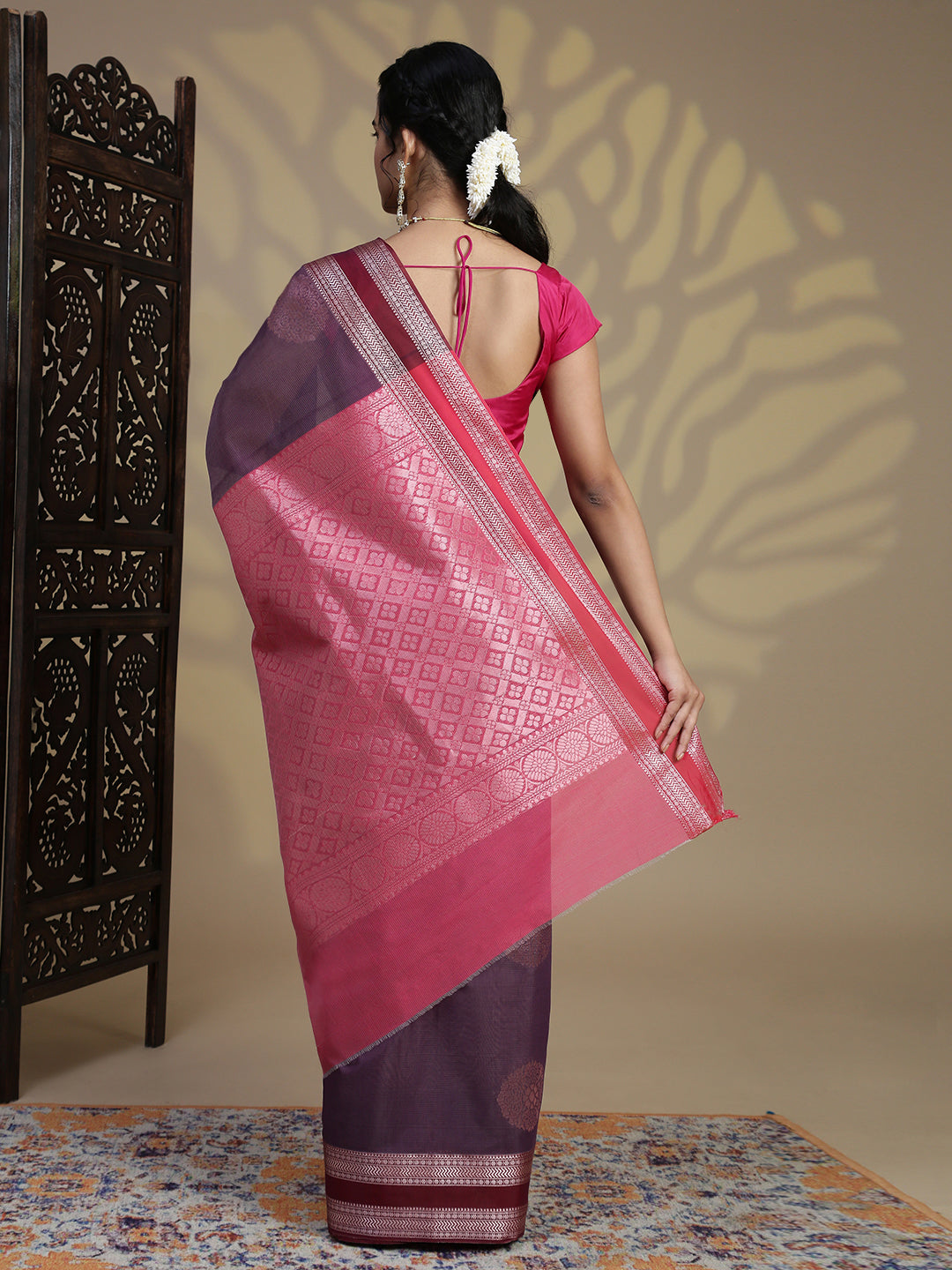 Women Purple Kora Cotton Fancy Saree SK108