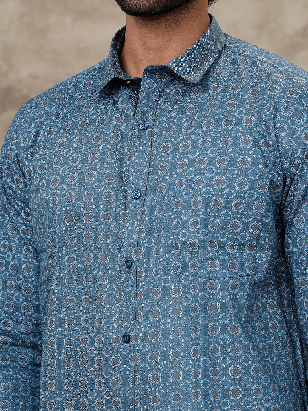 Men Dark Blue With Grey Matching Border Dhoti with Printed Shirt Set Fusion PS4