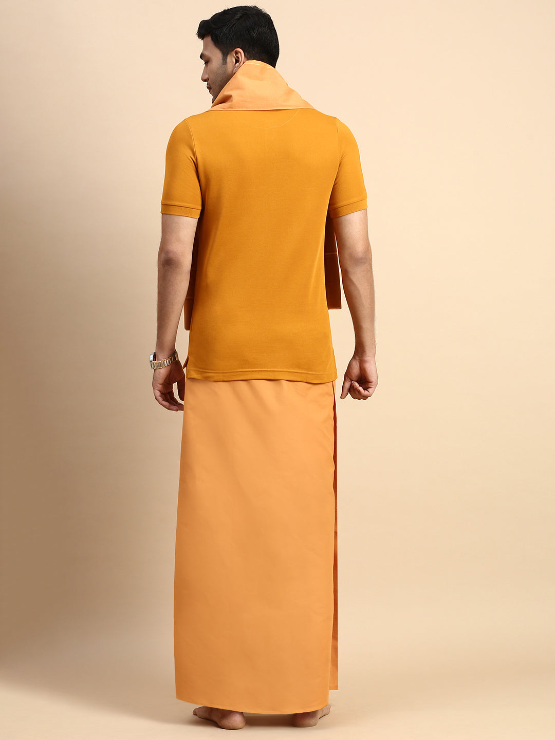 Men Devotional Small Border Dhoti with Towel & TShirt Set Kaavi EP41