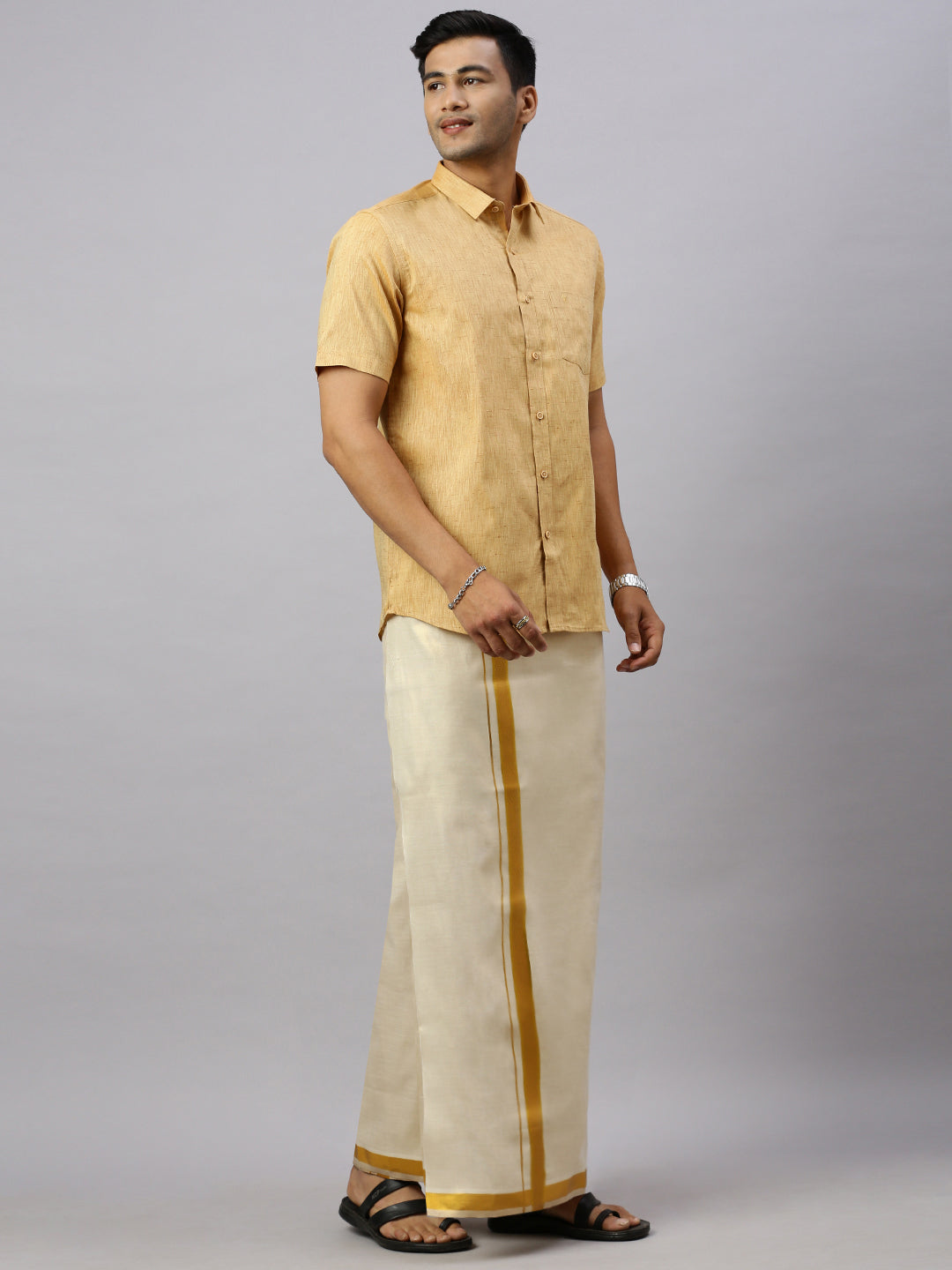 Men Cotton Rich Mustard Shirt and Tissue Dhoti Set C1