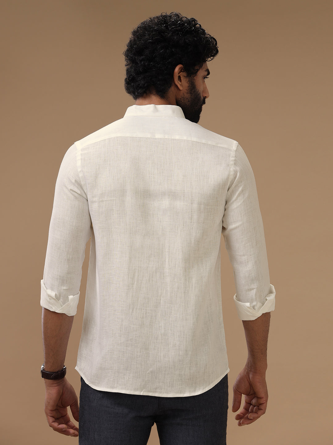 Men Pure Linen Chinese Collar Cream Shirt 5605C